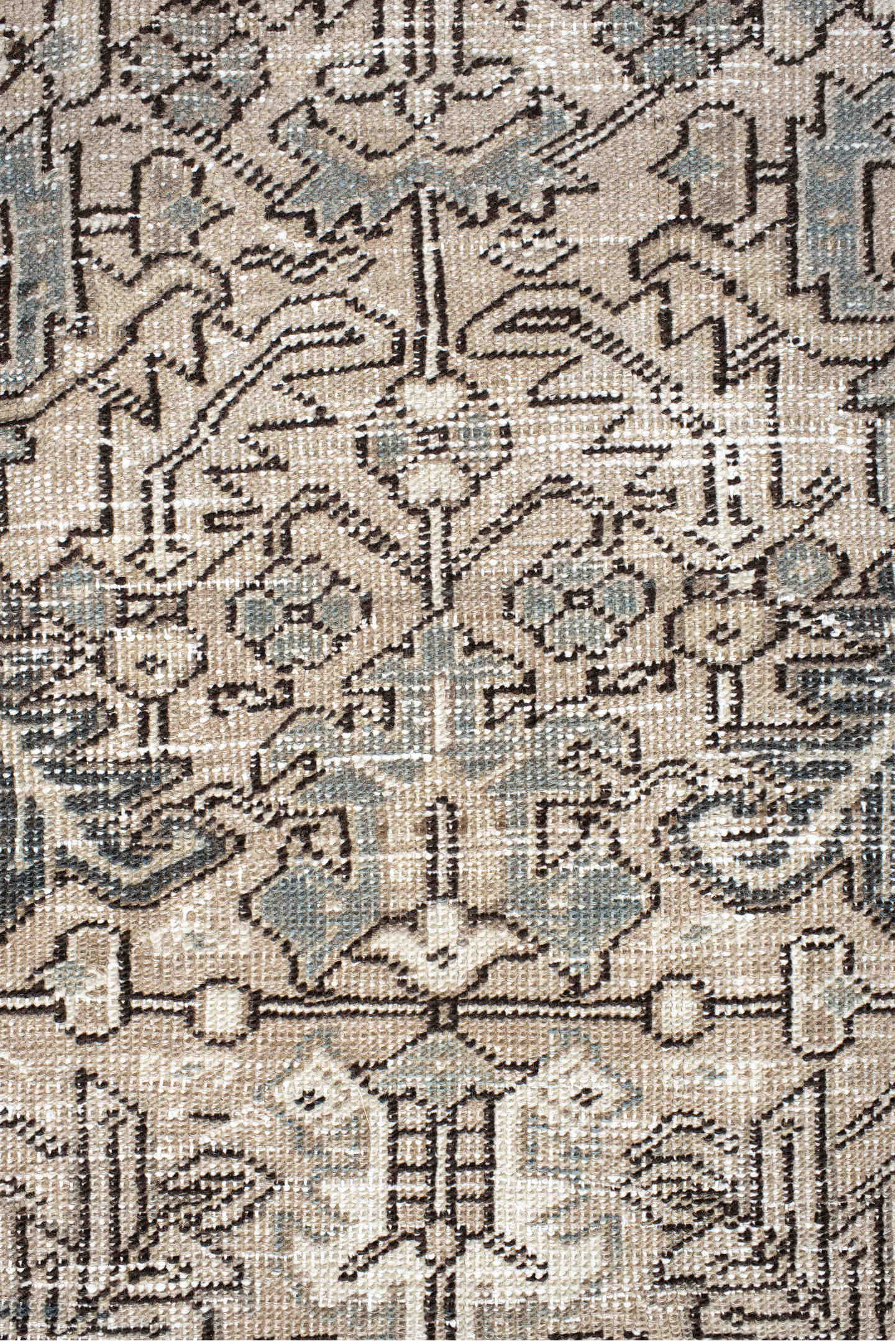 7' x 9' one-of-a-kind handmade vintage Heriz rug. Color palette: black, gray, light gray, off-white, pink