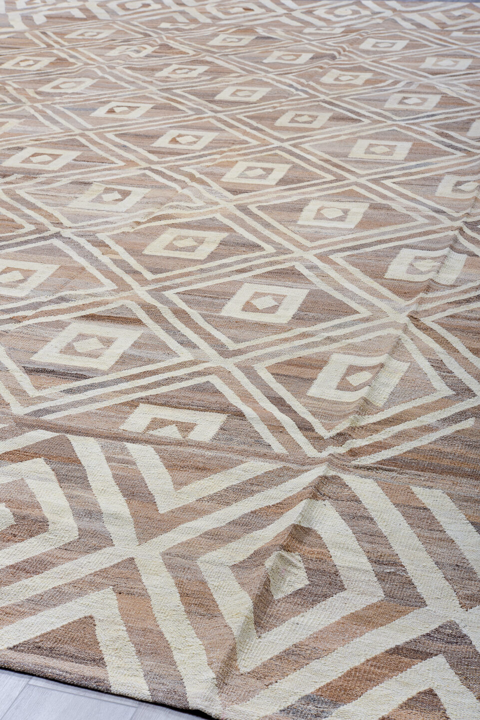 14' x 19' one-of-a-kind handmade vintage Kilim oversize rug. Color palette: black, brown, dark gray, gainsboro, gray