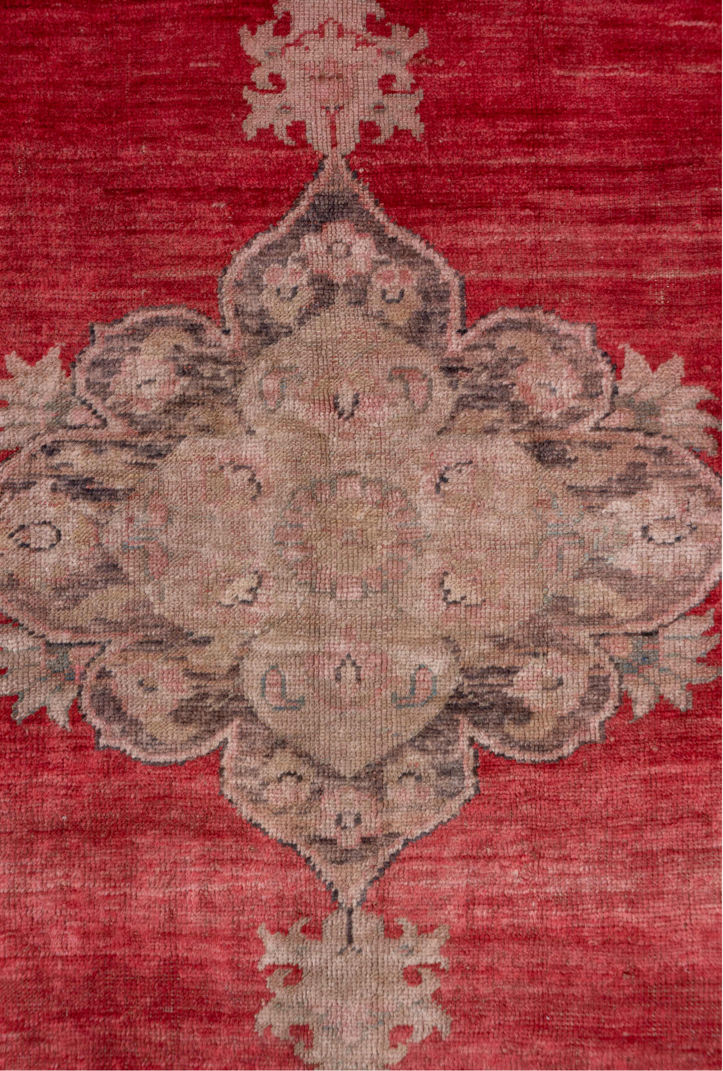 7' x 8' one-of-a-kind handmade vintage Oushak rug. Color palette: brown, gray, light gray, pink, red, rosy brown
