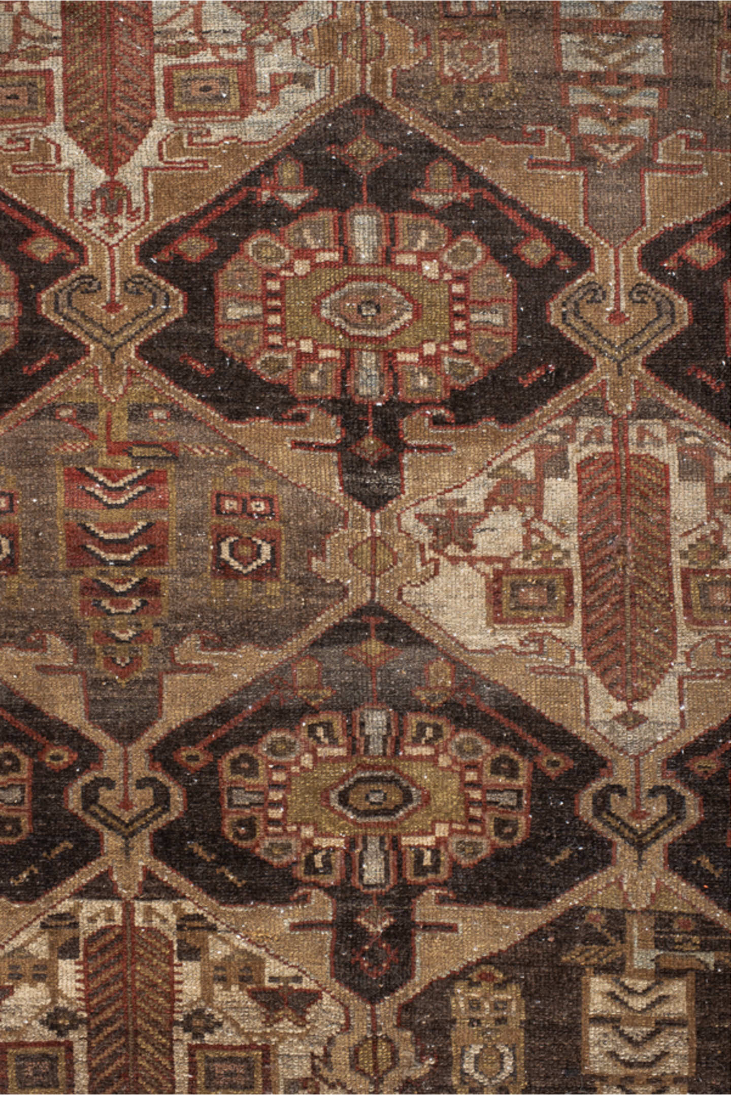 6' x 9' one-of-a-kind handmade vintage  medium size rug. Color palette: brown, off-white, orange, pink, gray, black