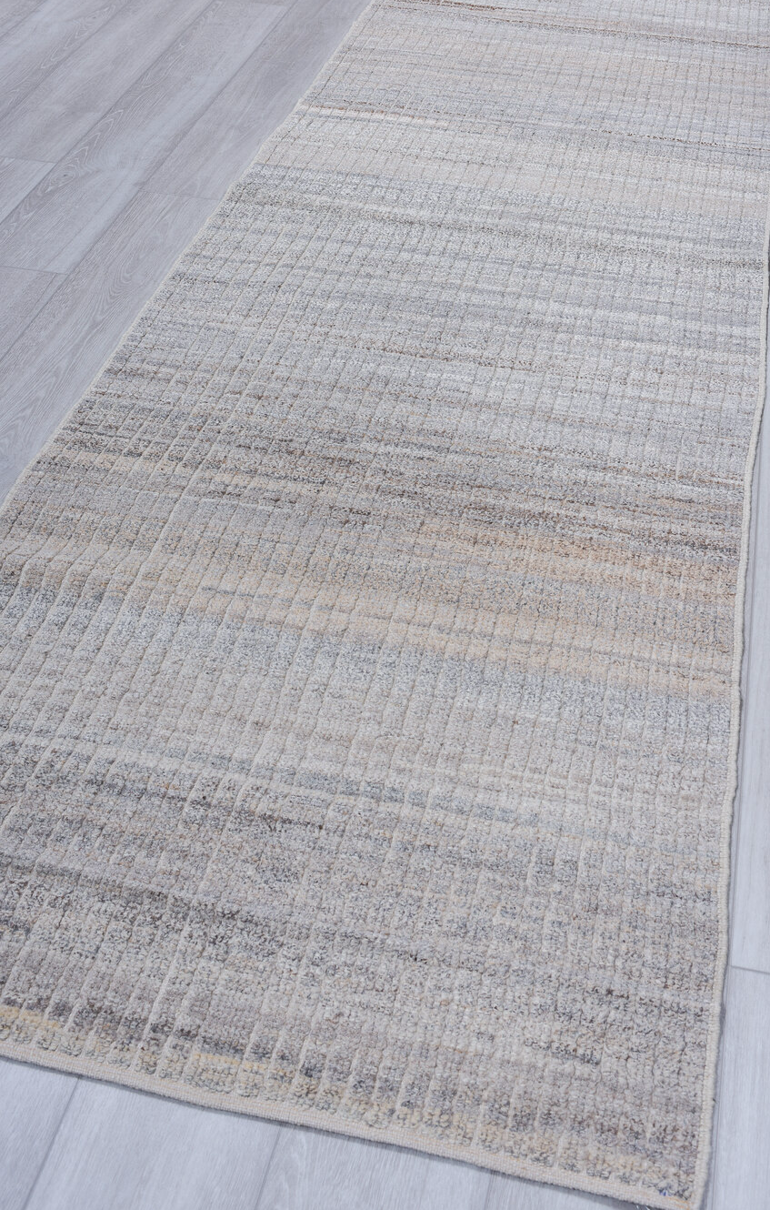 3' x 9' one-of-a-kind handmade vintage Tulu runner rug. Color palette: dark gray, dim gray, gainsboro, gray, light blue