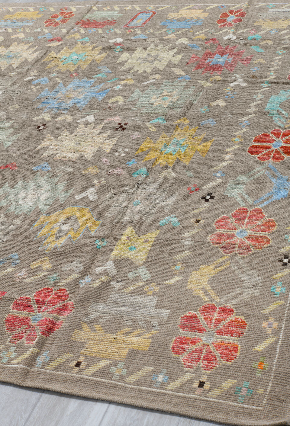 8' x 10' one-of-a-kind handmade vintage Tulu large size rug. Color palette: black, blue, brown, gray, light blue, light gray