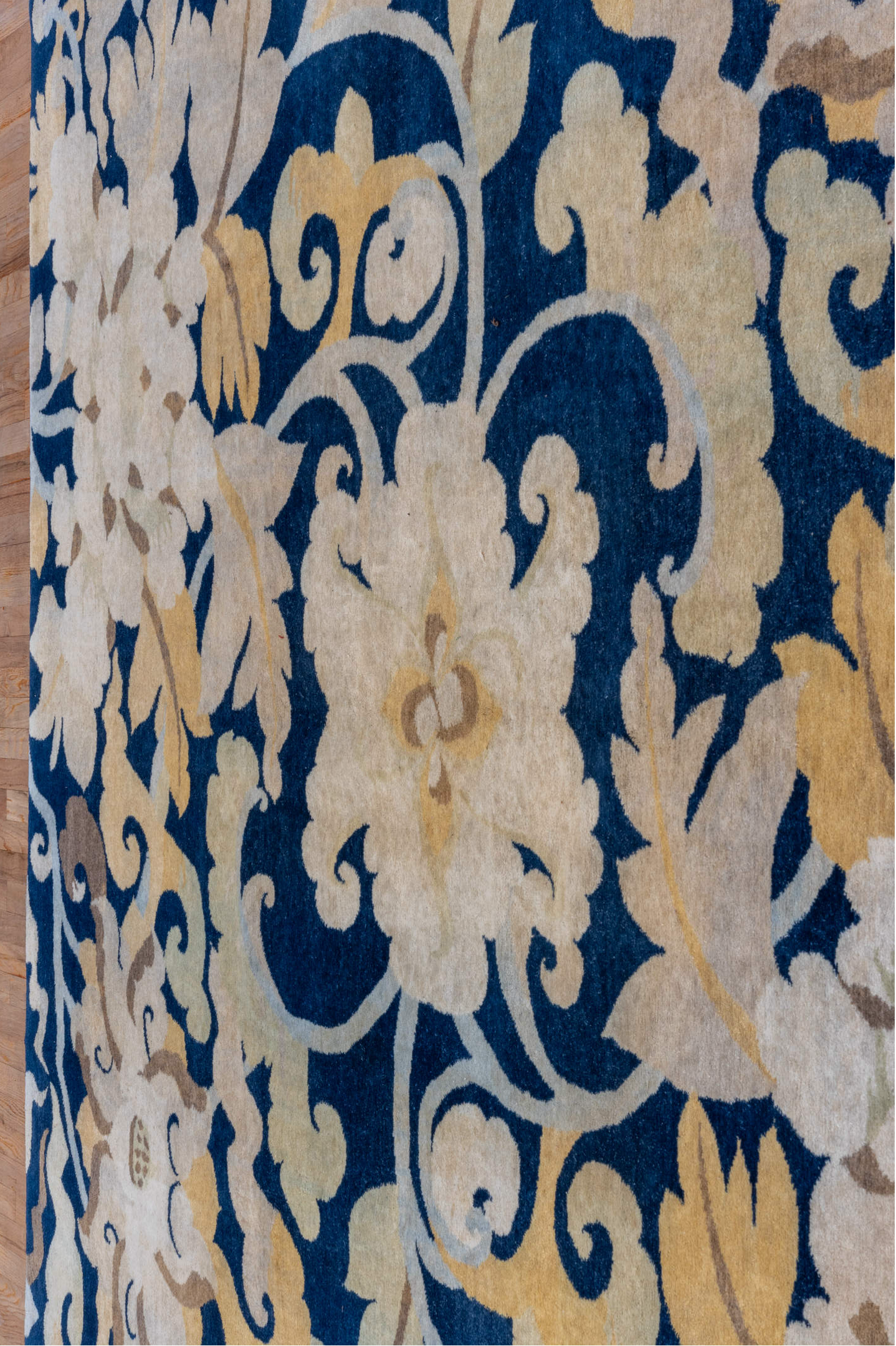 8' x 9' one-of-a-kind handmade vintage Tibetan rug. Color palette: blue, brown, fiord, gray, light gray, off-white, orange