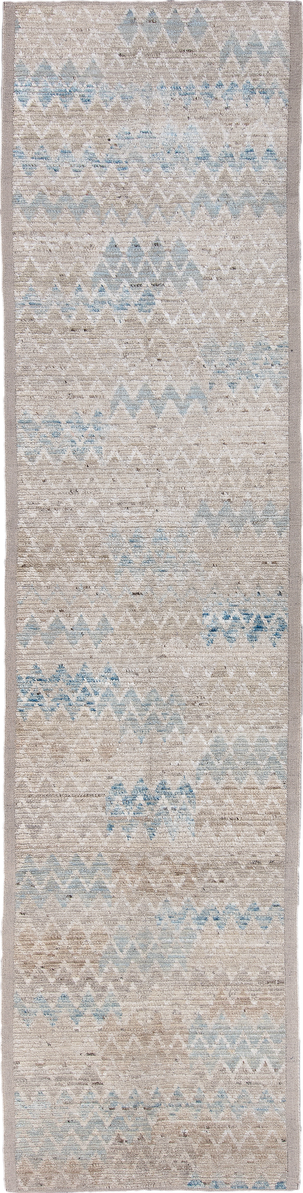 3' x 12' one-of-a-kind handmade vintage Tulu runner rug. Color palette: black, blue, brown, charcoal, dark gray, dim gray