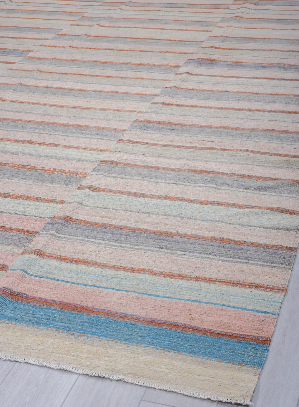 8' x 12' one-of-a-kind handmade vintage Kilim large size rug. Color palette: blue, brown, dim gray, gray, light blue