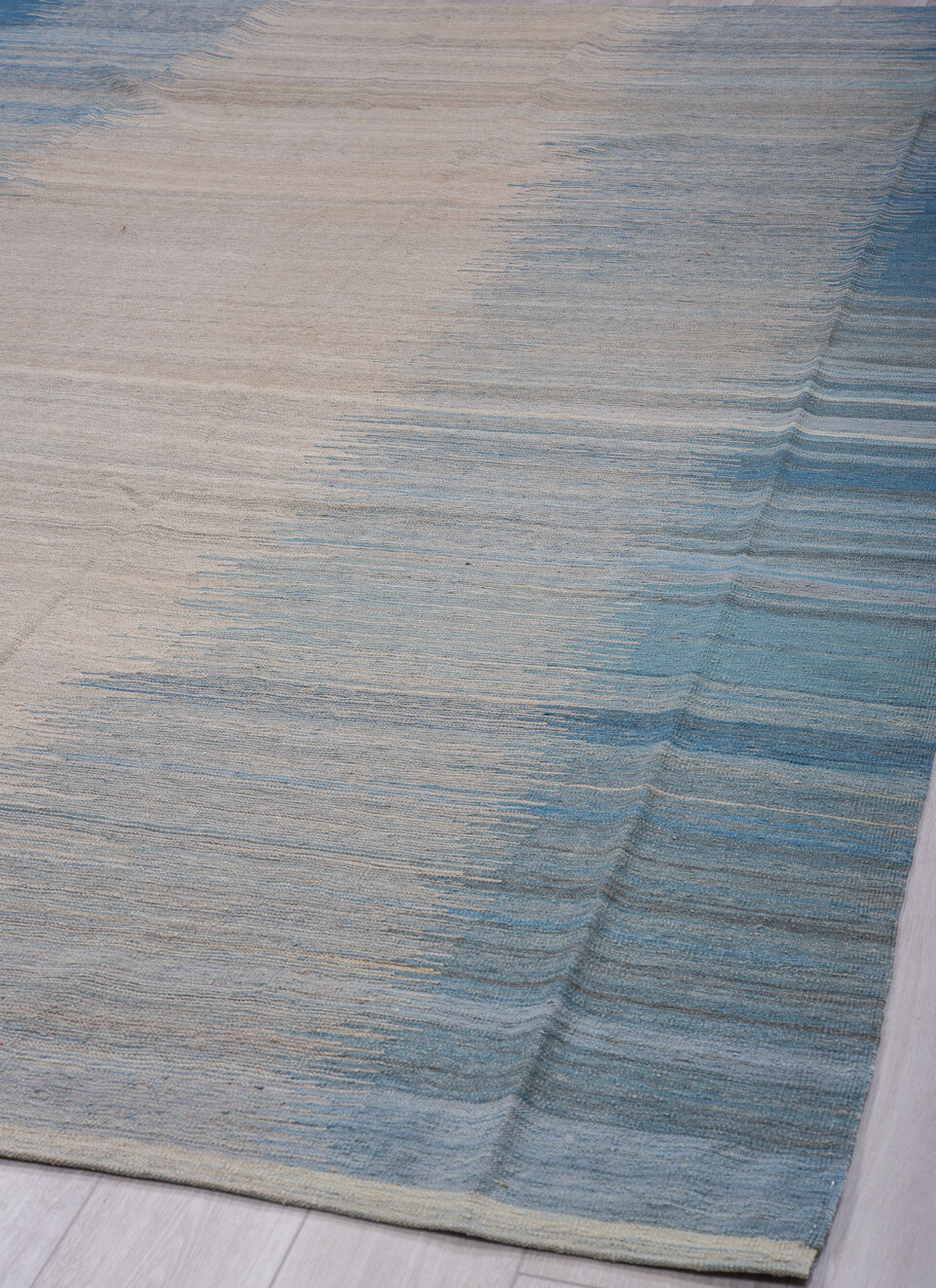 9' x 12' one-of-a-kind handmade vintage Kilim large size rug. Color palette: black, blue, charcoal, dark gray, dim gray