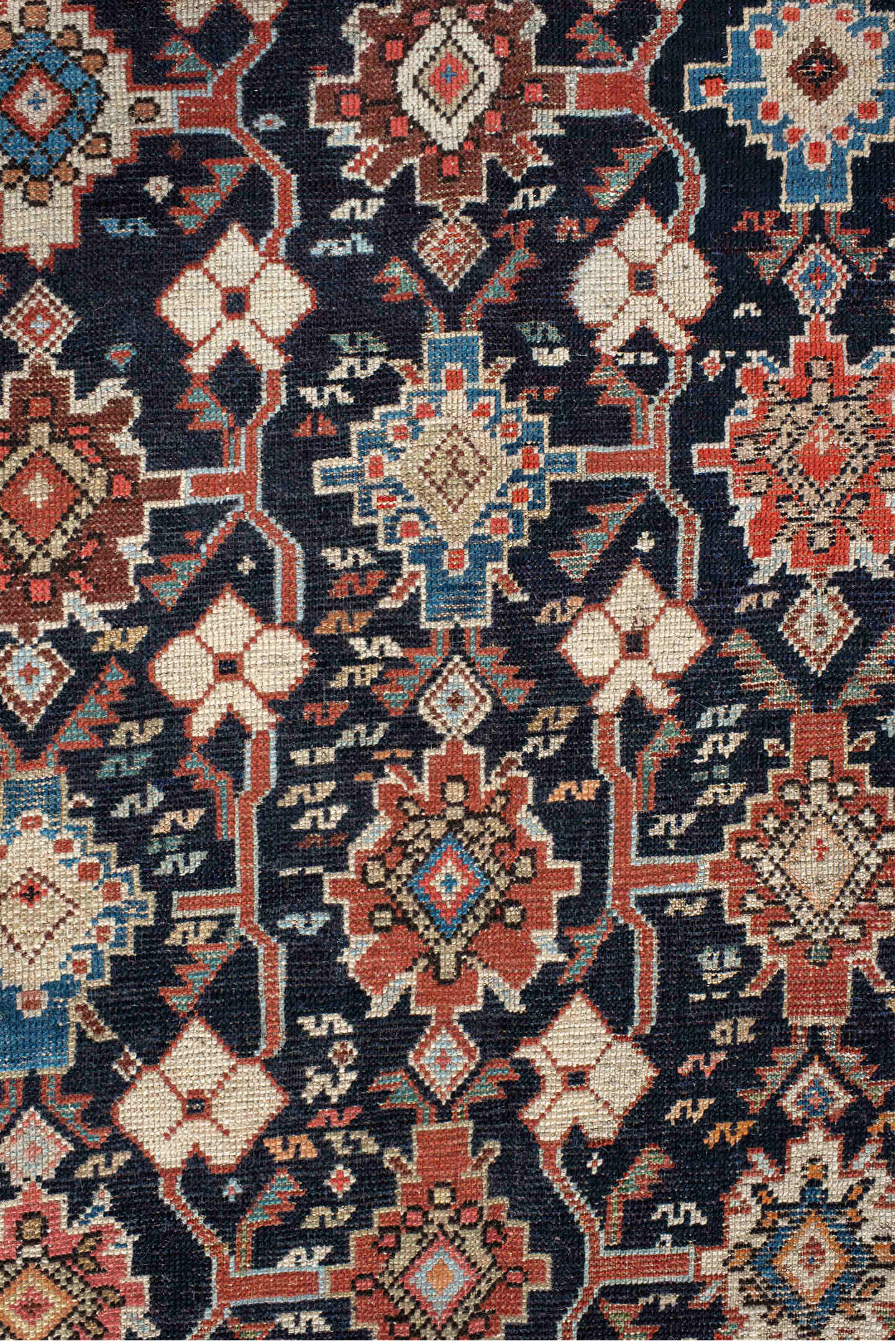 4' x 9' one-of-a-kind handmade vintage Karabagh runner rug. Color palette: arapawa, black, blue, brown, charcoal, dark gray