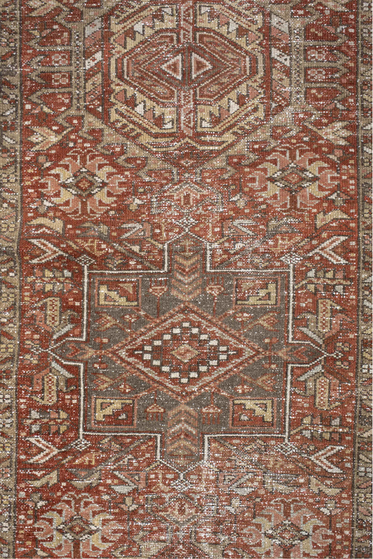 3' x 14' one-of-a-kind handmade vintage Karaje runner rug. Color palette: brown, gray, light gray, linen, off-white, pink