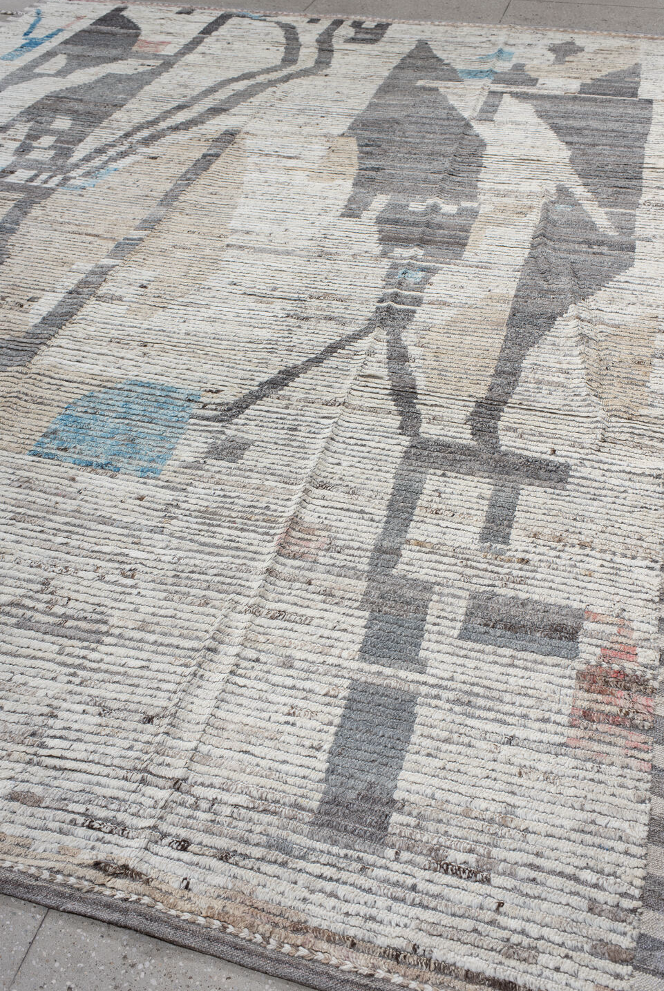 10' x 13' one-of-a-kind handmade vintage Tulu large size rug. Color palette: gray, off-white, light gray, blue, light blue