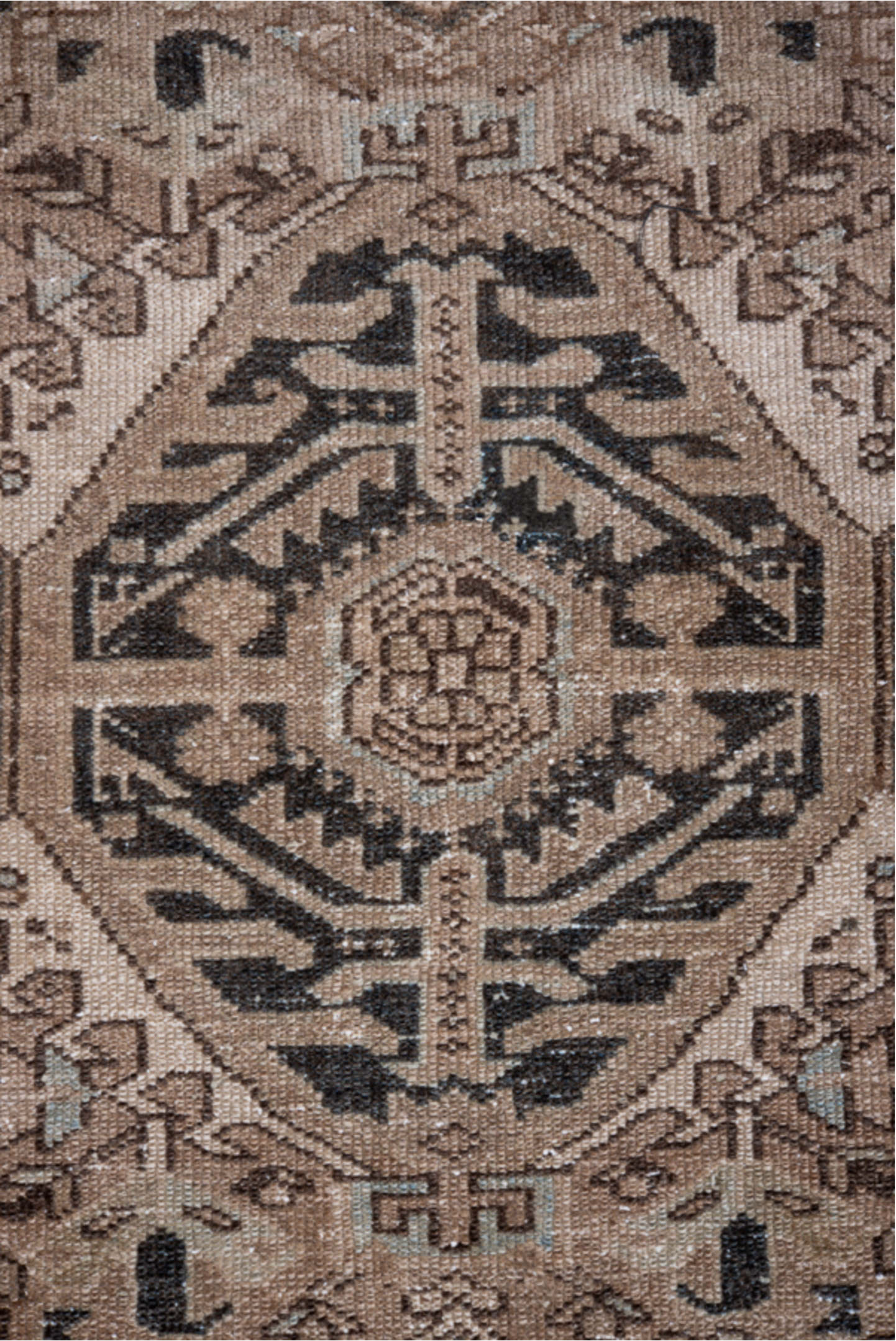 4' x 6' one-of-a-kind handmade vintage Karaje small size rug. Color palette: black, blue, brown, charcoal, dim gray, gray