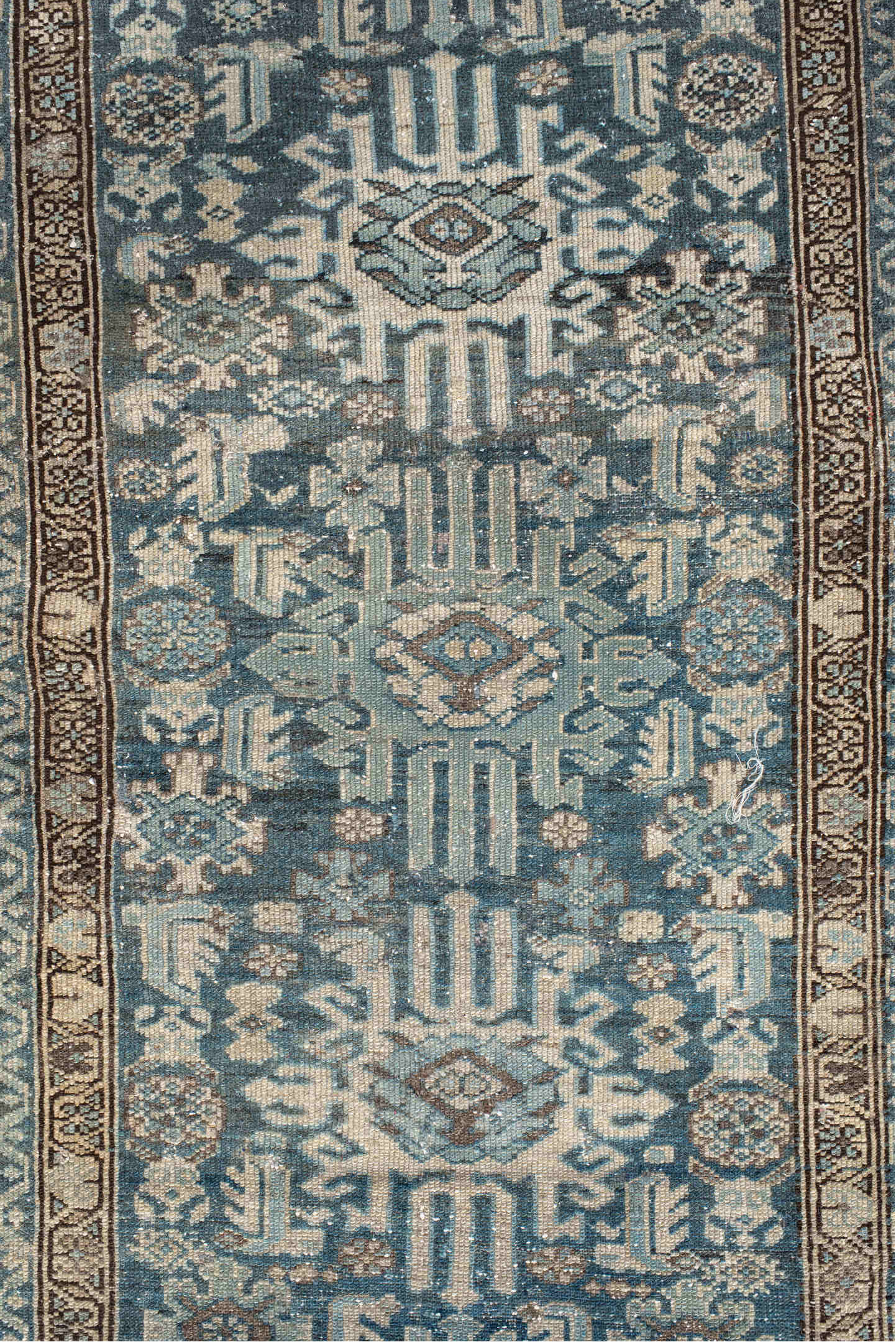 2' x 16' one-of-a-kind handmade vintage Malayer runner rug. Color palette: black, blue, brown, charcoal, dark gray, dim gray