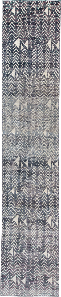 3' x 19' one-of-a-kind handmade vintage Tulu runner rug. Color palette: gray, light gray, blue, off-white, pink, silver