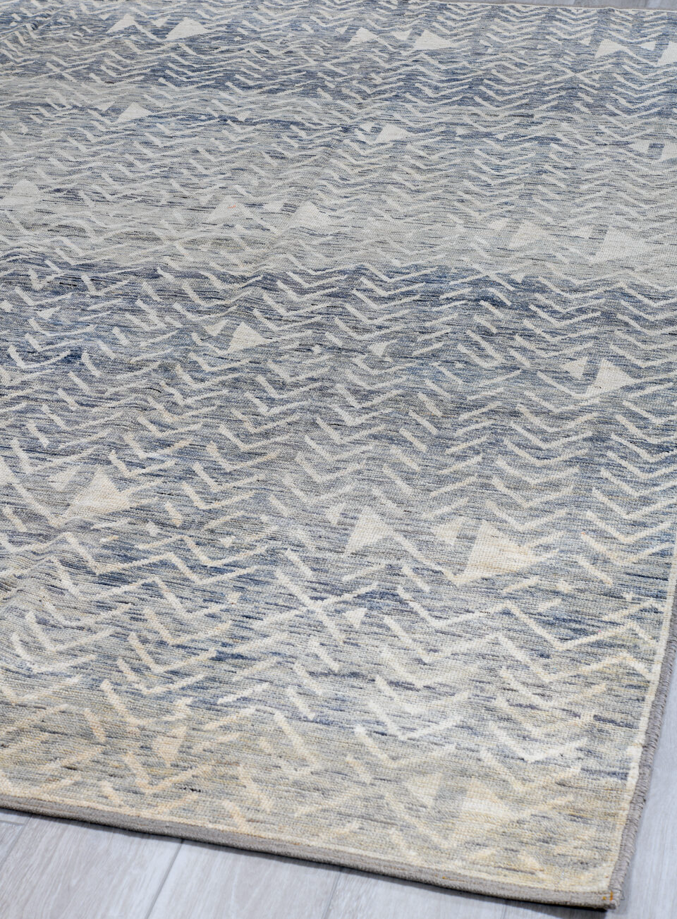 9' x 10' one-of-a-kind handmade vintage Tulu large size rug. Color palette: black, blue, dark gray, dim gray, gainsboro