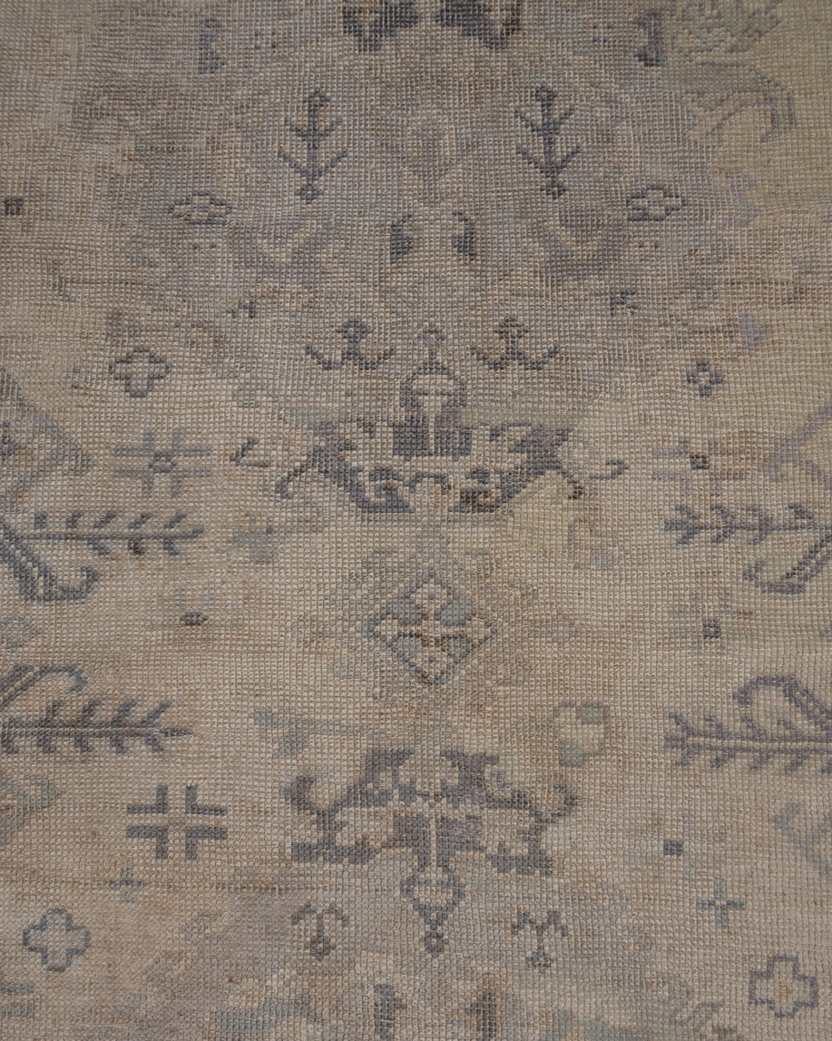 14' x 19' one-of-a-kind handmade vintage Oushak oversize rug. Color palette: gray, light gray, off-white, pink