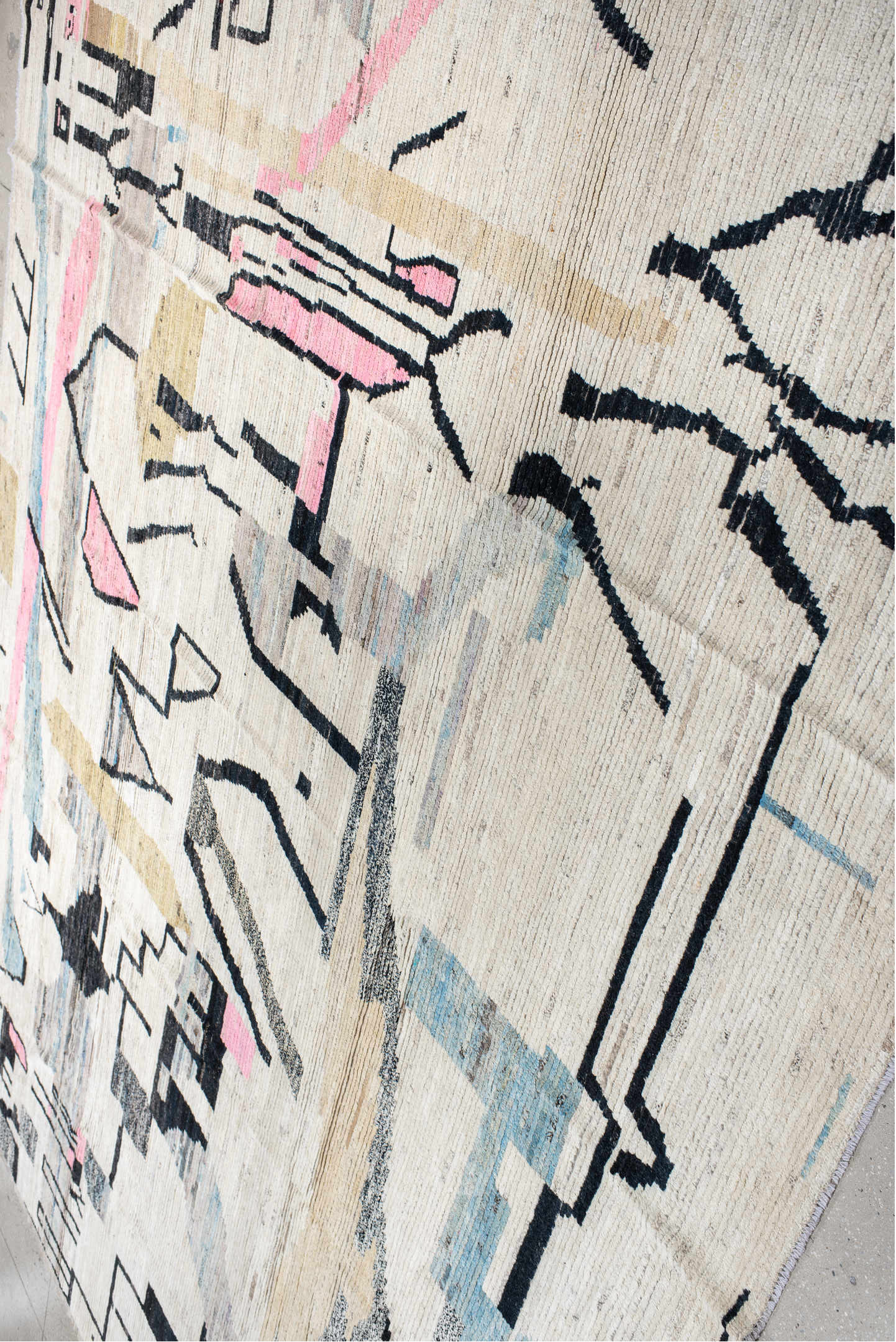 15' x 11' one-of-a-kind handmade vintage Tulu oversize rug. Color palette: gray, light gray, brown, pink, blue, off-white