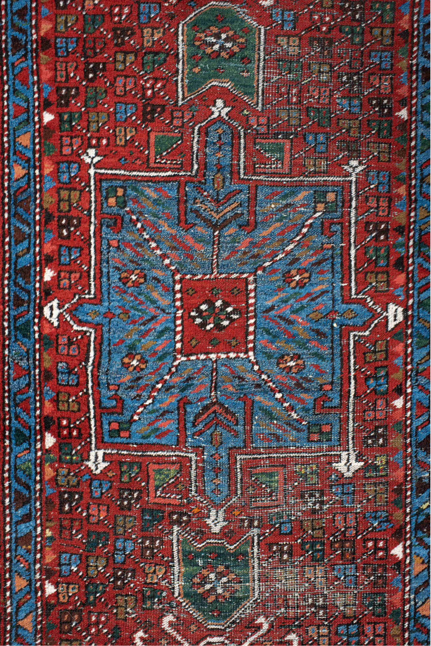 2' x 10' one-of-a-kind handmade vintage Karaje runner rug. Color palette: blue, brown, dark gray, dark slate gray, gray