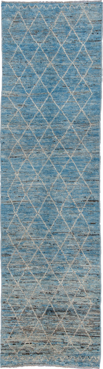 2' x 9' one-of-a-kind handmade vintage Tulu runner rug. Color palette: black, blue, charcoal, dark gray, dim gray, gray