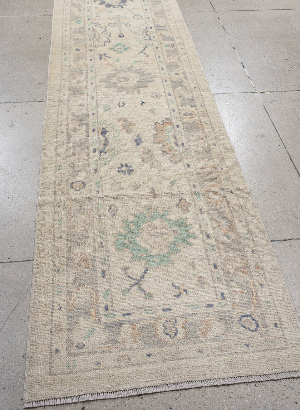2' x 10' one-of-a-kind handmade vintage Oushak runner rug. Color palette: gray, light gray, off-white, pink, linen