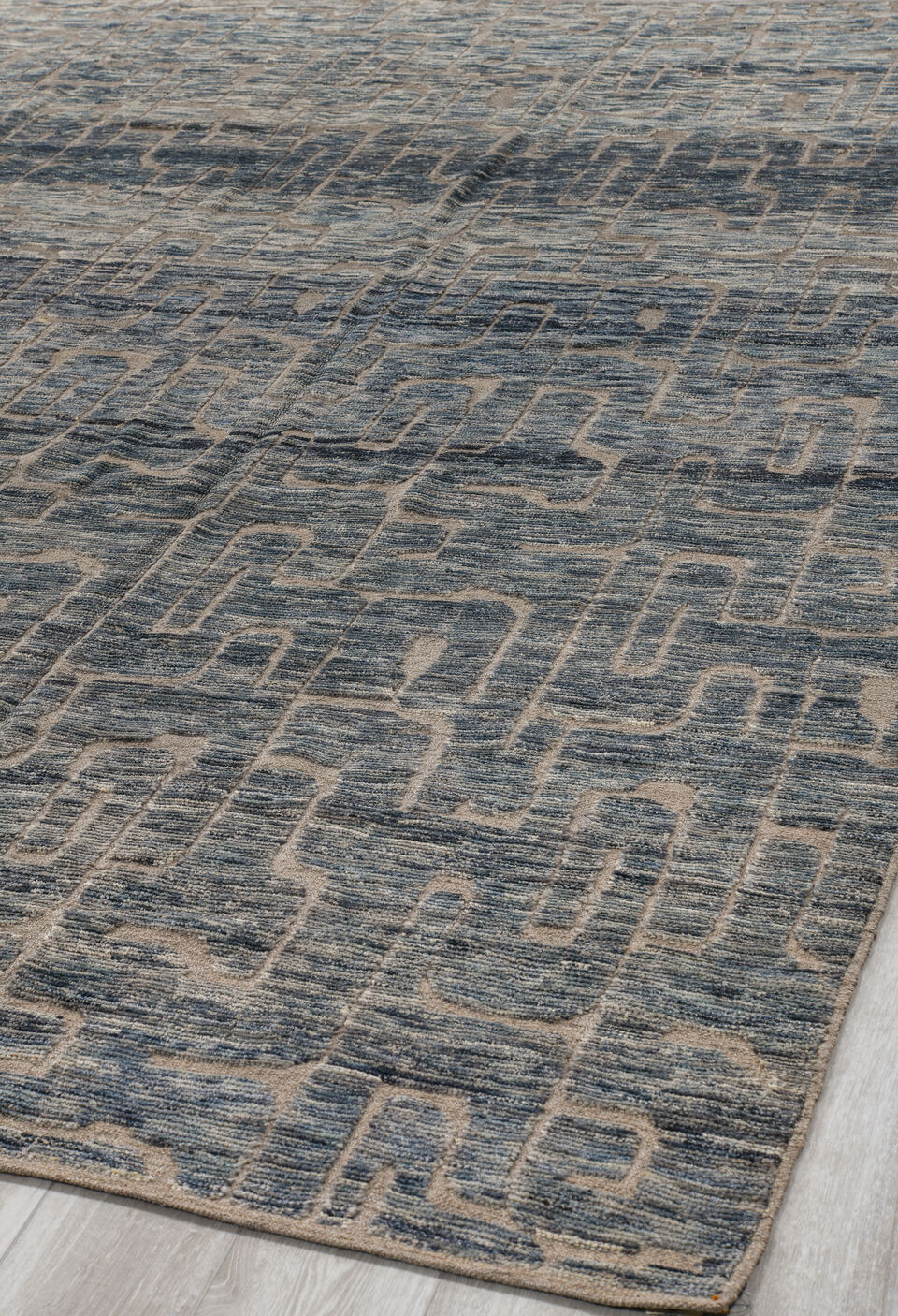 9' x 11' one-of-a-kind handmade vintage Tulu large size rug. Color palette: black, blue, charcoal, gainsboro, gray