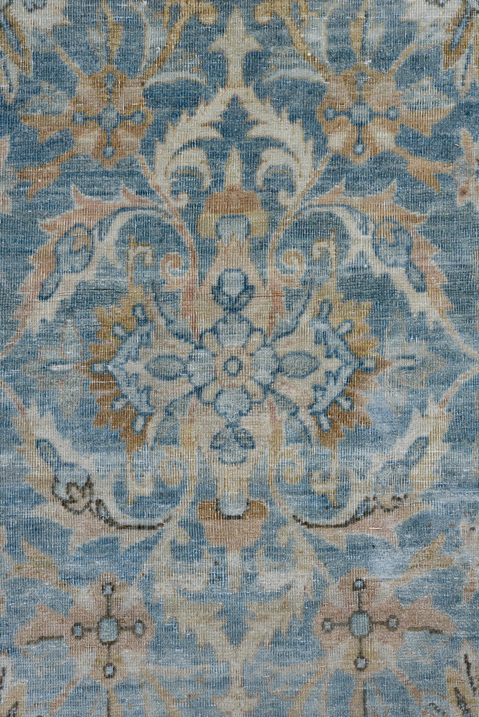 9' x 14' one-of-a-kind handmade vintage Kerman large size rug. Color palette: blue, dark gray, dim gray, gray, light blue