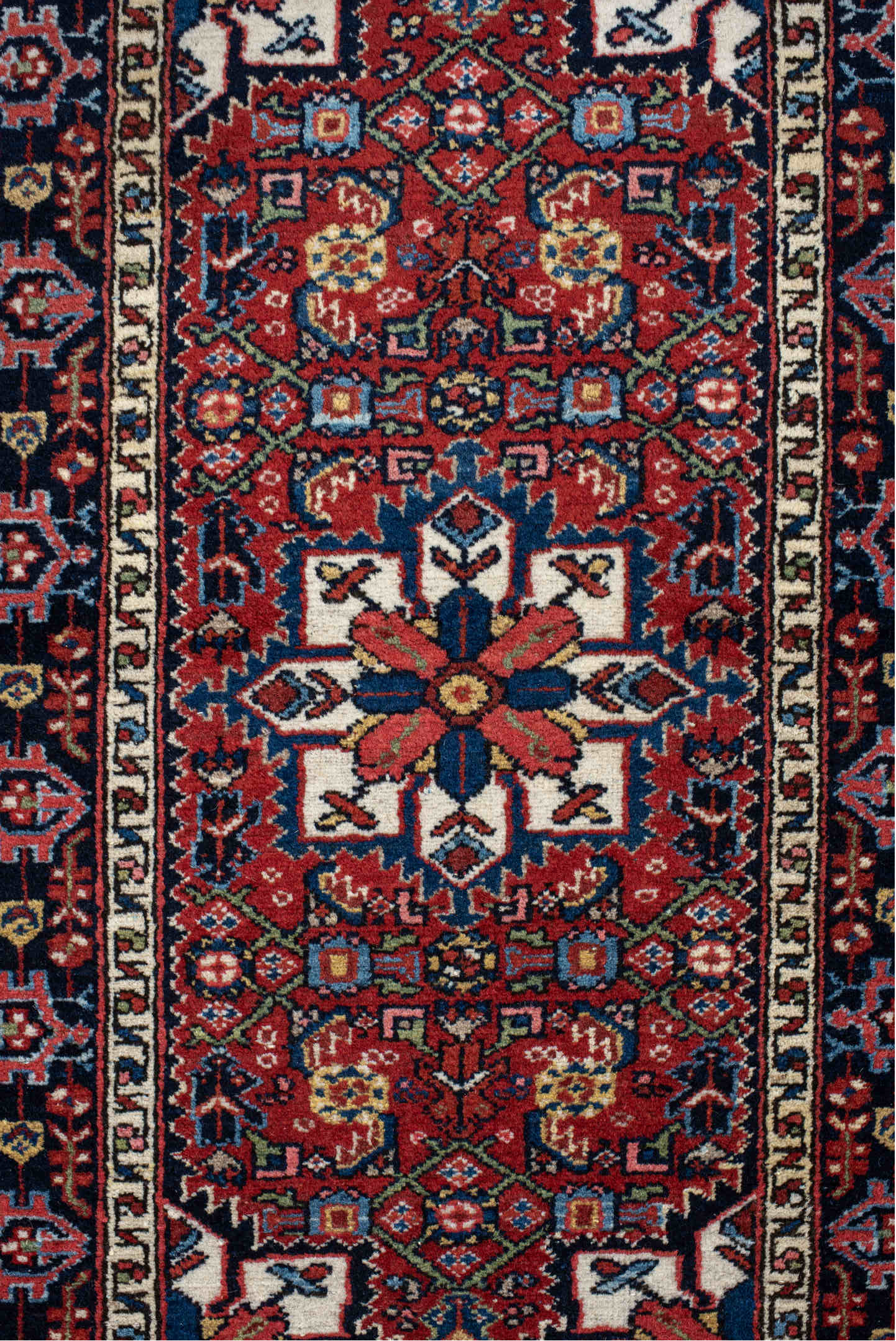 2' x 4' one-of-a-kind handmade vintage Hamadan small size rug. Color palette: antiquewhite, blanched almond, blue, brown
