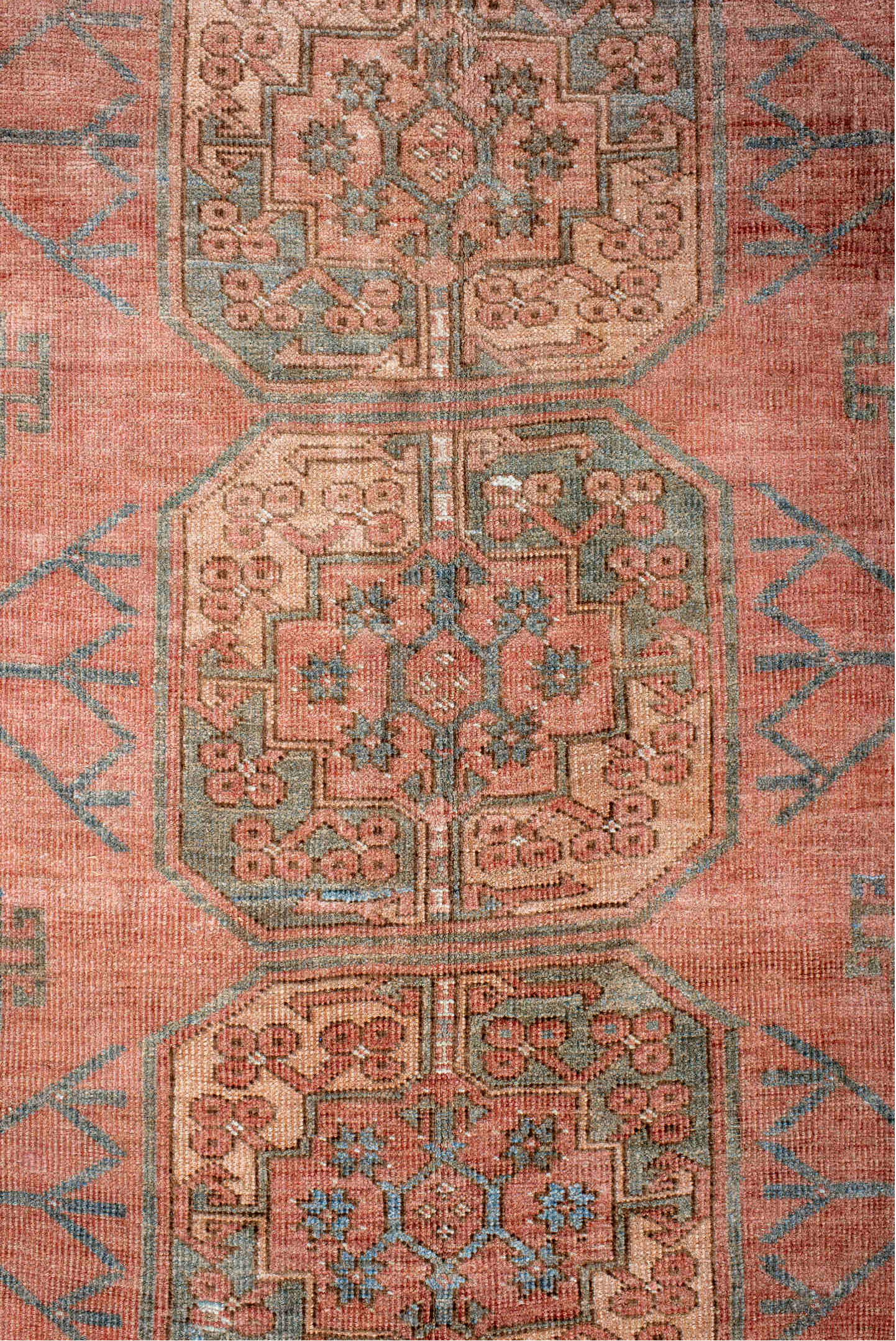 8' x 11' one-of-a-kind handmade vintage Afghan large size rug. Color palette: brown, gray, off-white, orange, pink