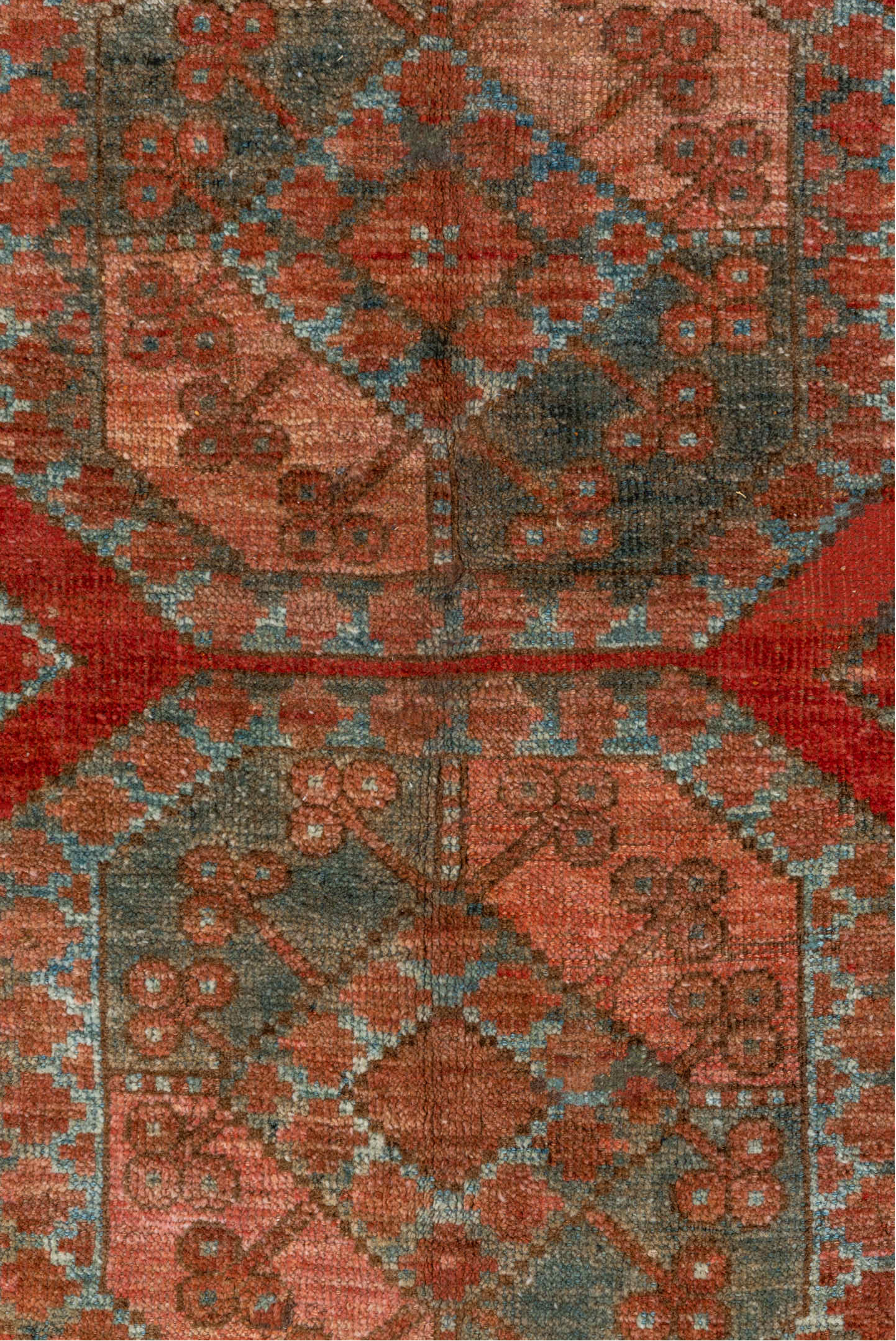 7' x 8' one-of-a-kind handmade vintage Afghan rug. Color palette: brown, dim gray, gray, pink, red