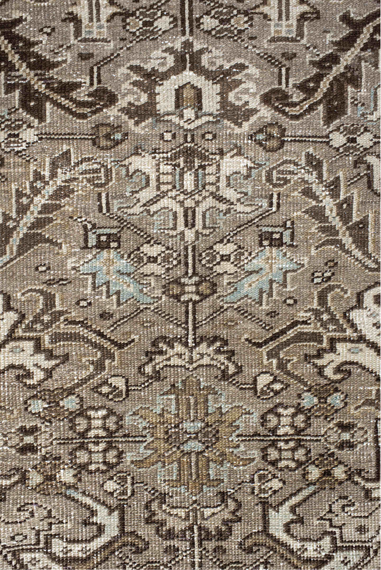 7' x 8' one-of-a-kind handmade vintage Heriz rug. Color palette: black, brown, dim gray, gray, light gray, off-white