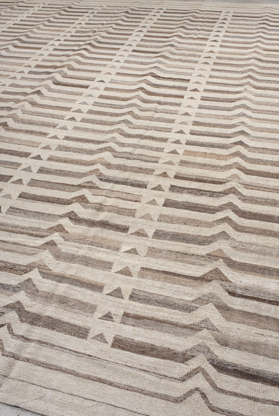 12' x 16' one-of-a-kind handmade vintage Kilim oversize rug. Color palette: gray, light gray, off-white, pink, linen