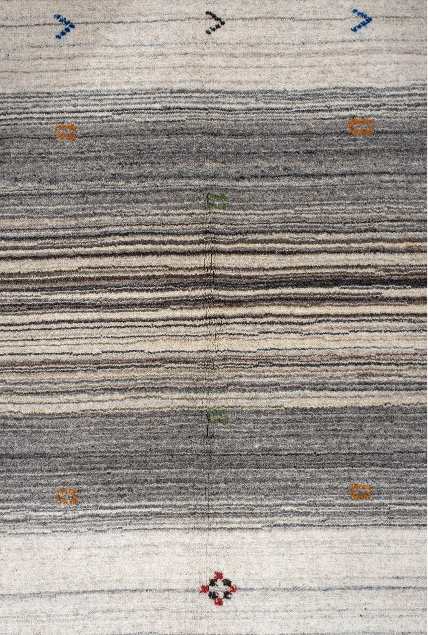 5' x 7' one-of-a-kind handmade vintage Gabbe rug. Color palette: black, blue, brown, charcoal, dark gray, dim gray