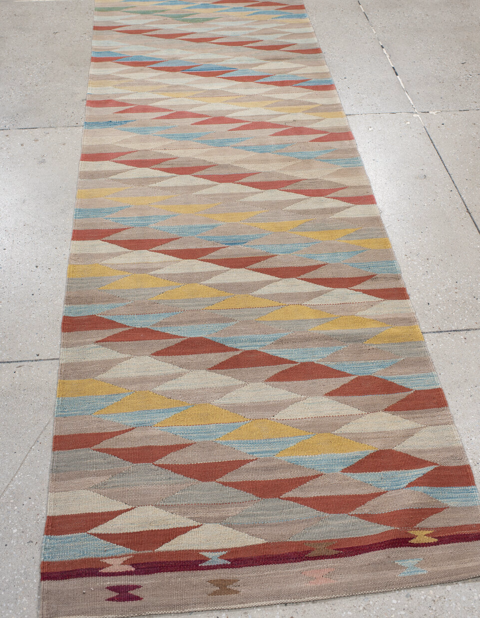 2' x 12' one-of-a-kind handmade vintage Kilim runner rug. Color palette: blue, brown, dark gray, gray, light gray, off-white