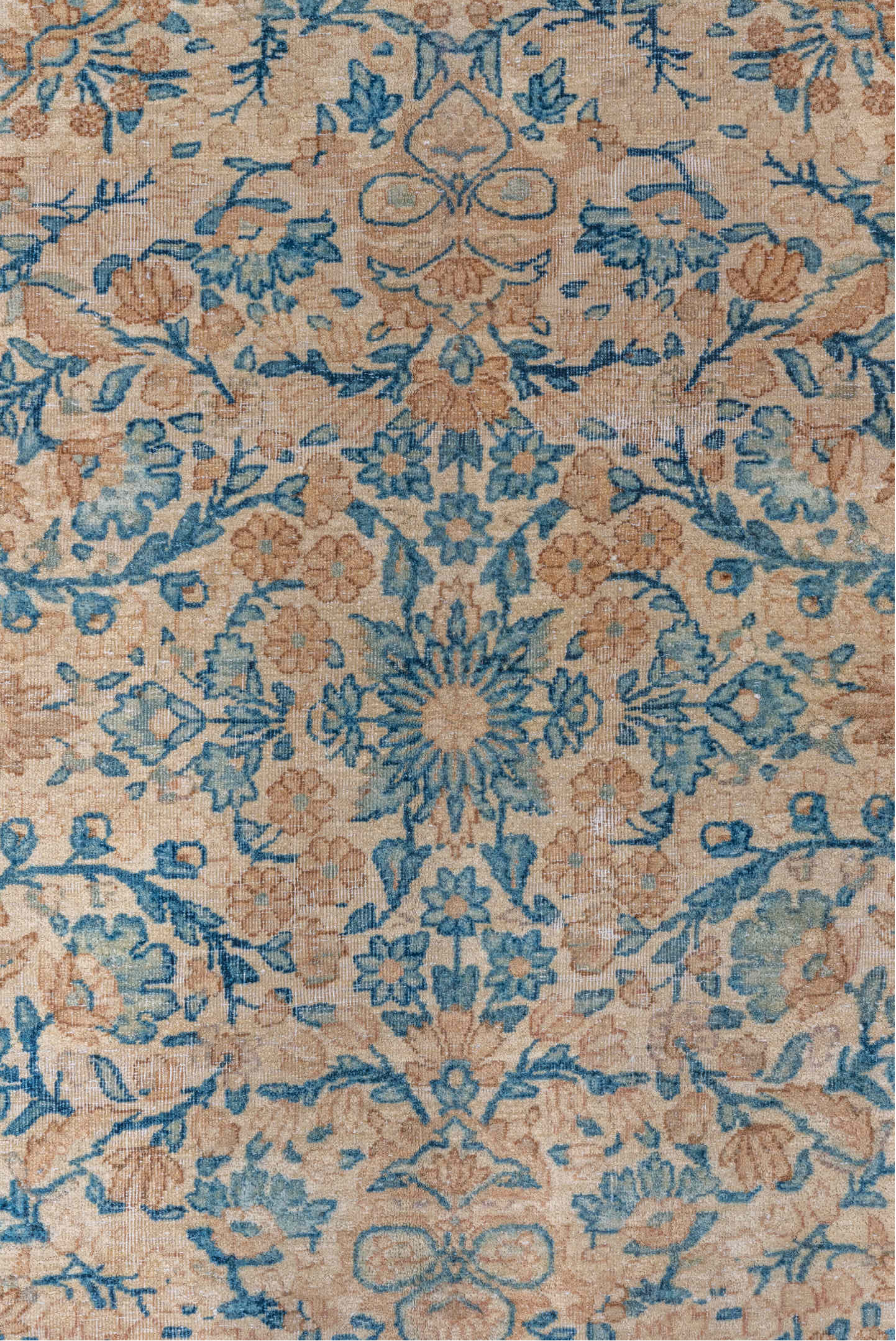 9' x 16' one-of-a-kind handmade vintage Kerman rug. Color palette: blue, brown, dim gray, gray, light gray, off-white, pink