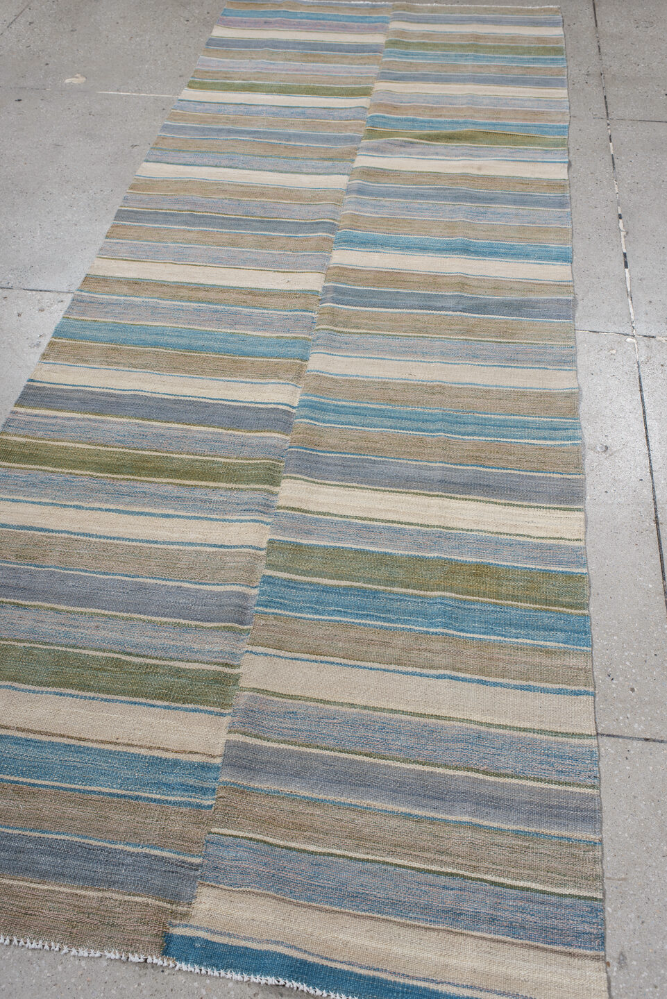 3' x 9' one-of-a-kind handmade vintage Kilim runner rug. Color palette: blue, dark gray, gray, light gray, off-white, silver