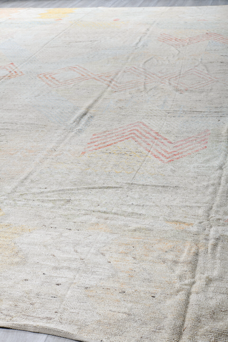 14' x 19' one-of-a-kind handmade vintage Tulu oversize rug. Color palette: dark gray, gainsboro, gray, light gray, off-white