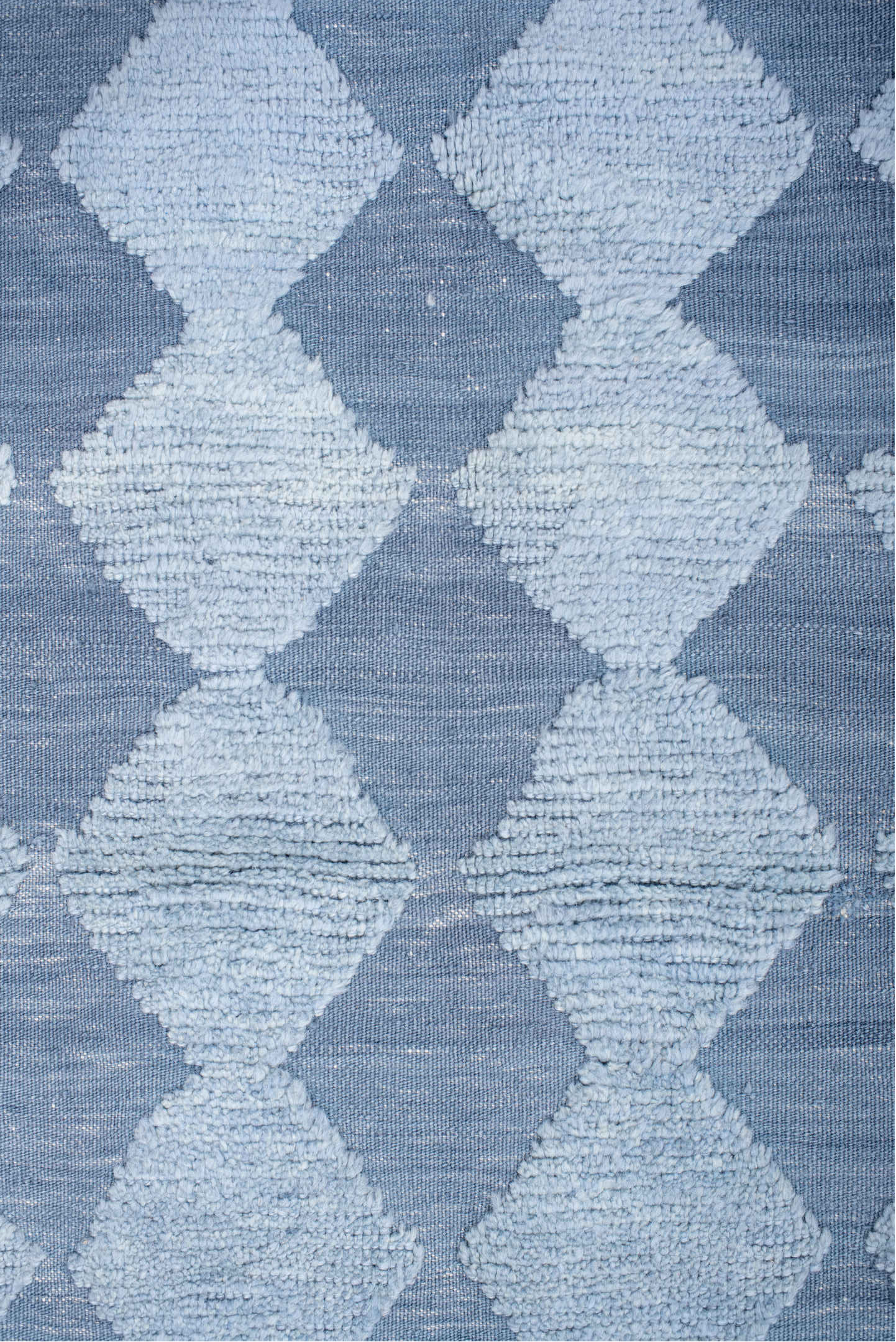 9' x 12' one-of-a-kind handmade vintage Tulu large size rug. Color palette: light blue, off-white, light gray, gray, blue