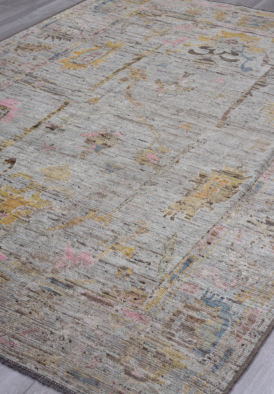 7' x 9' one-of-a-kind handmade vintage Oushak rug. Color palette: black, brown, charcoal, dim gray, gray, light gray