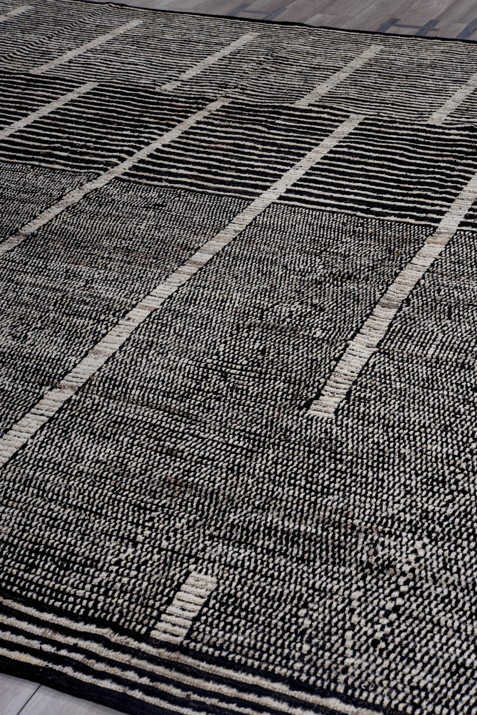 13' x 13' one-of-a-kind handmade vintage Tulu oversize rug. Color palette: black, blue, charcoal, dark gray, dim gray