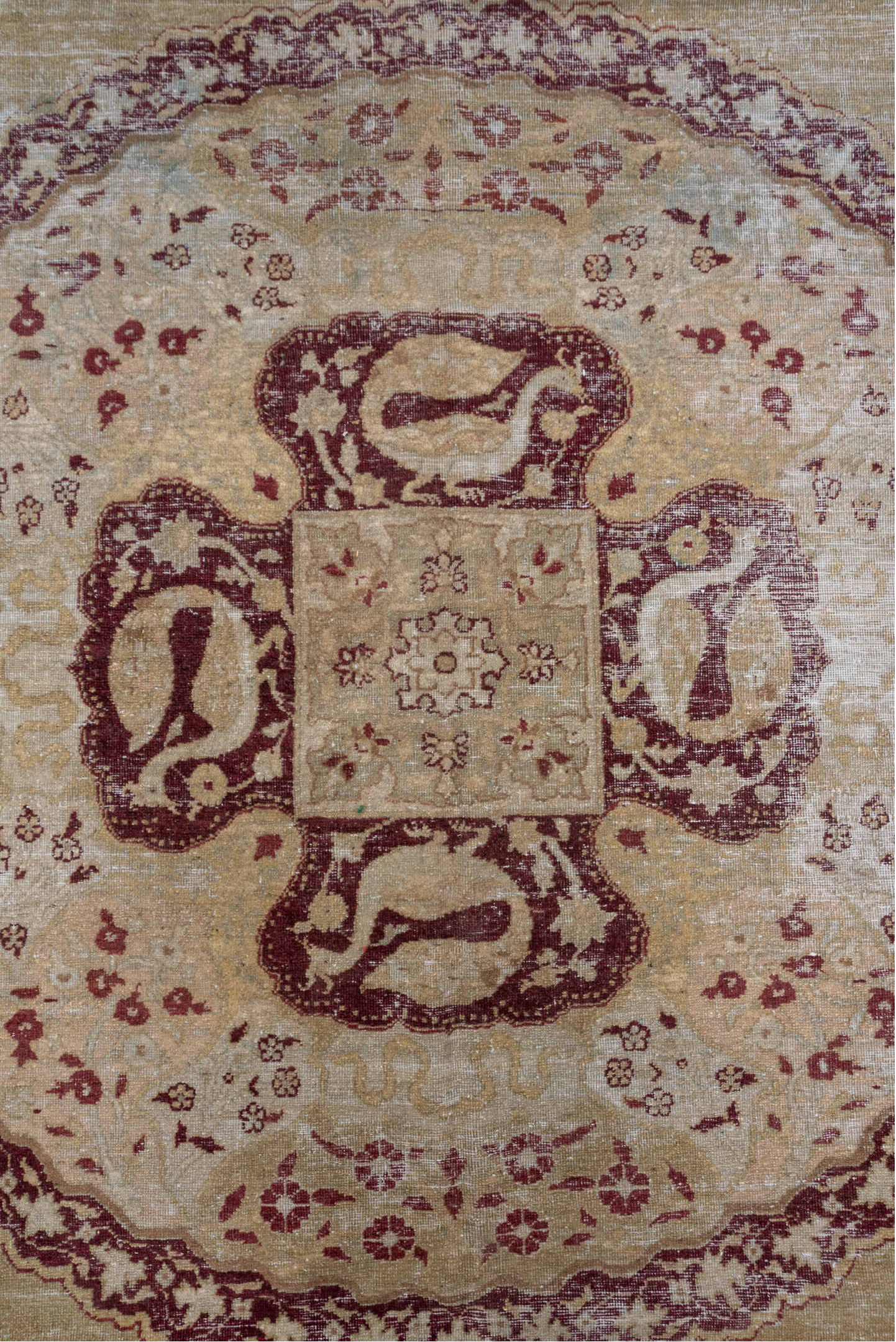10' x 13' one-of-a-kind handmade vintage Amritzar large size rug. Color palette: brown, gray, light gray, off-white, pink