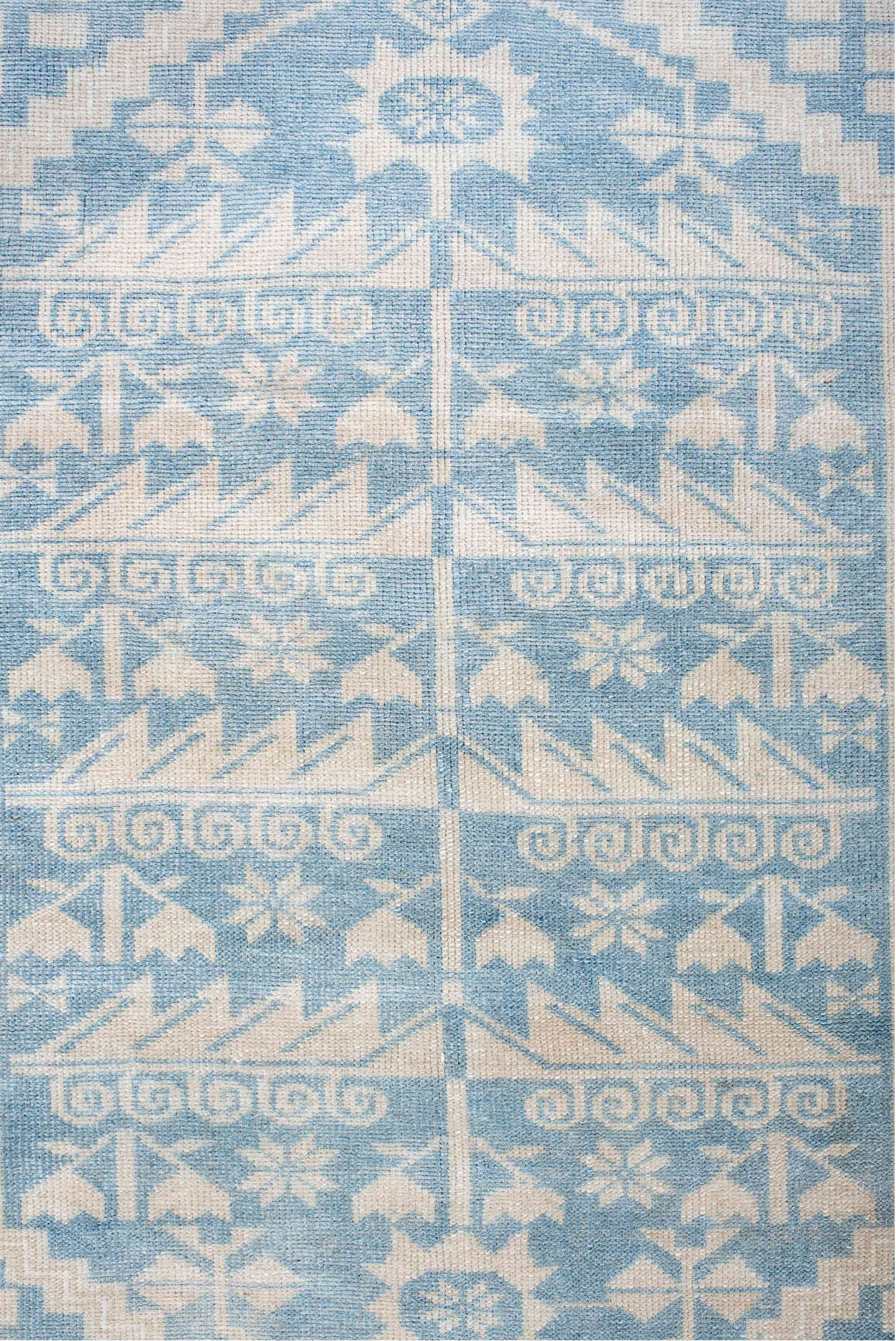3' x 6' one-of-a-kind handmade vintage Anatol small size rug. Color palette: blue, dark gray, gainsboro, gray, light blue
