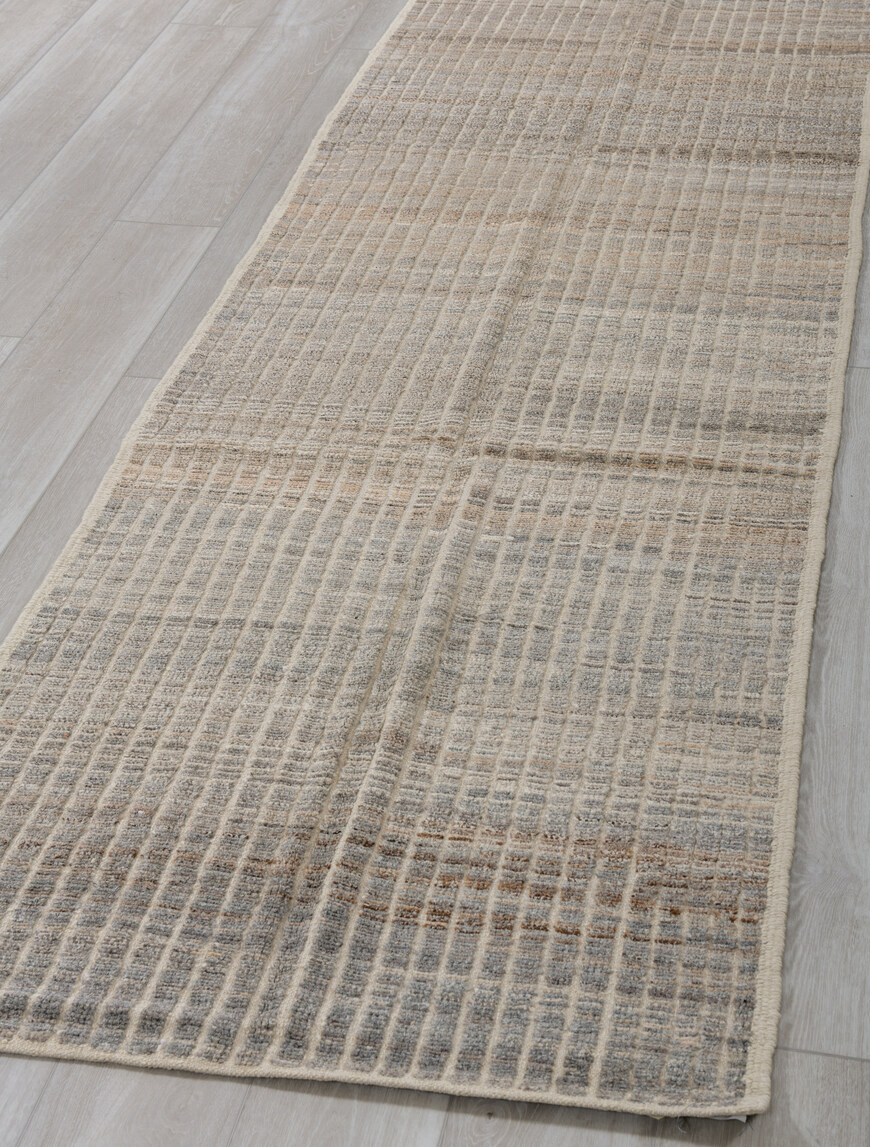 3' x 9' one-of-a-kind handmade vintage Tulu runner rug. Color palette: brown, dim gray, gray, light gray, off-white, pink