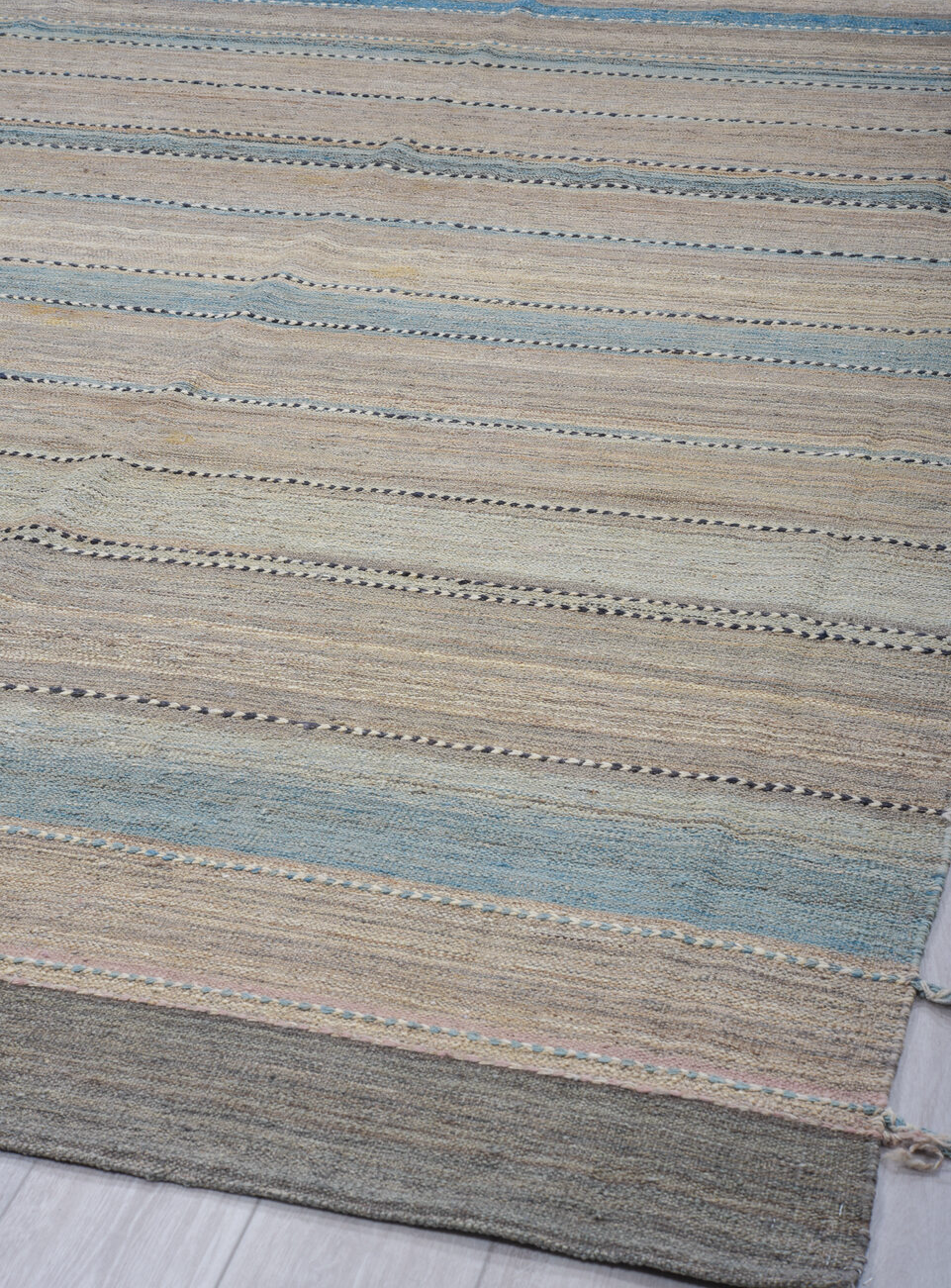 9' x 11' one-of-a-kind handmade vintage Kilim large size rug. Color palette: black, blue, charcoal, dark gray, dim gray