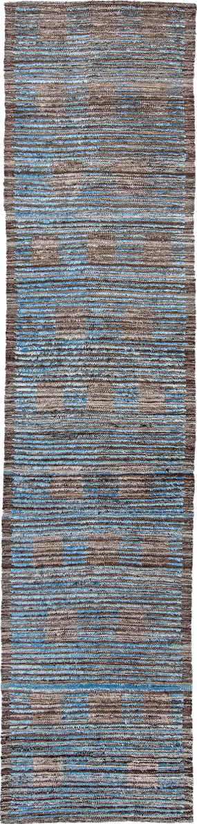 2' x 11' one-of-a-kind handmade vintage Tulu runner rug. Color palette: black, blue, gray, light blue, light gray, off-white