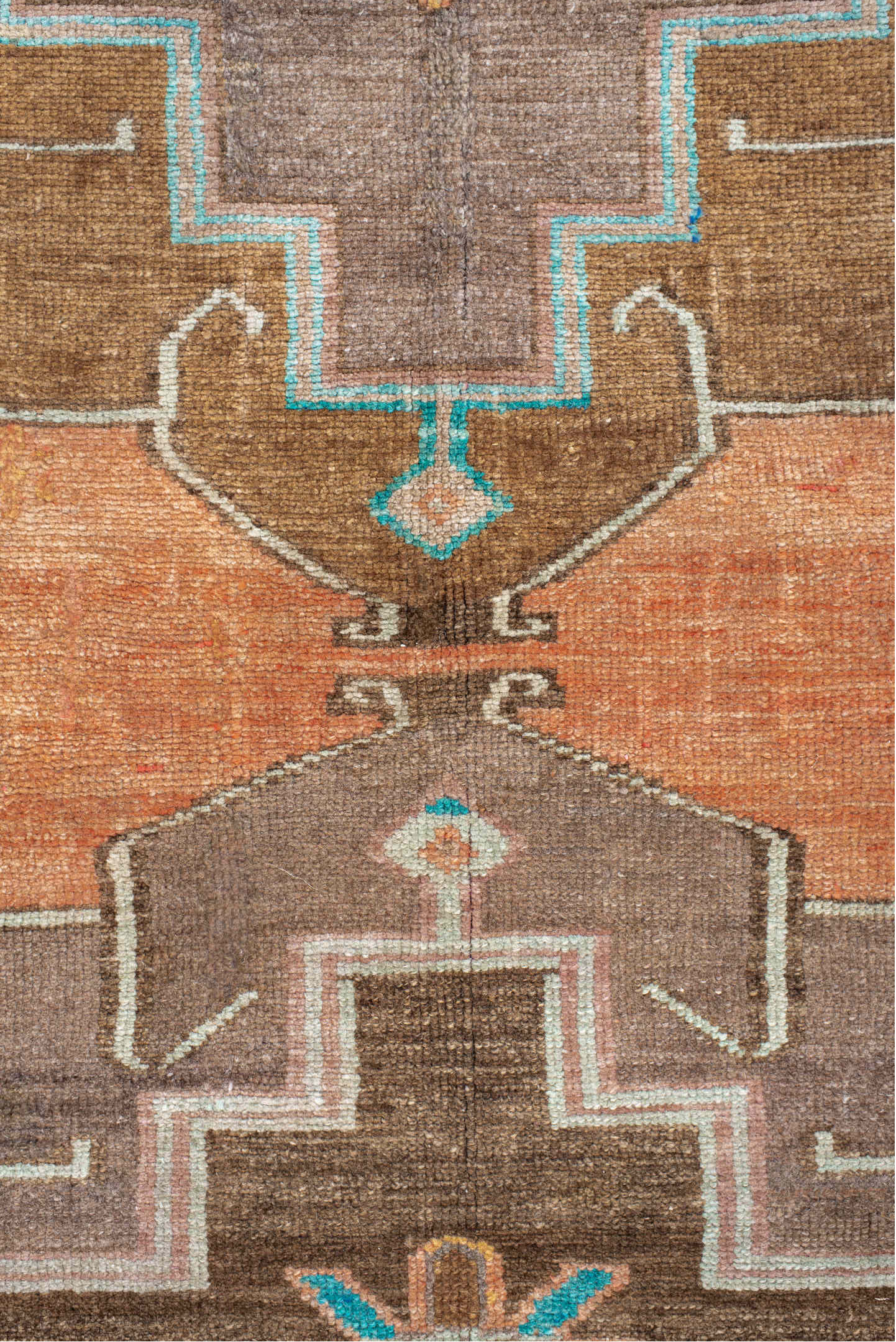 6' x 7' one-of-a-kind handmade vintage Kars rug. Color palette: blue, brown, gray, green, orange, pink
