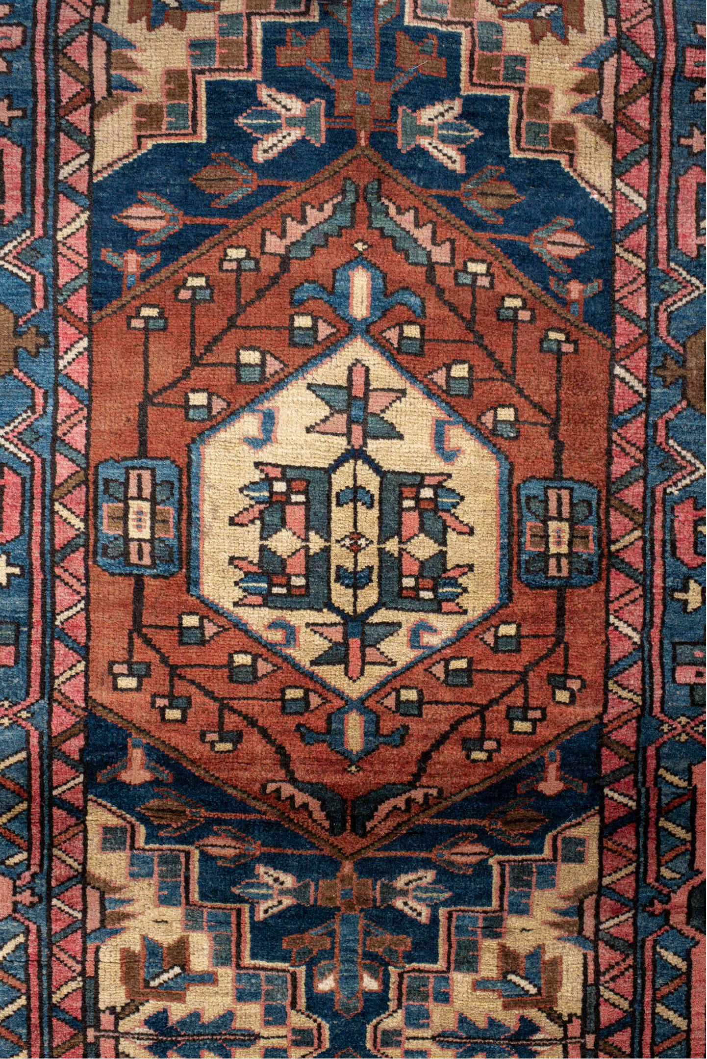 3' x 13' one-of-a-kind handmade vintage Sarab runner rug. Color palette: black, blue, brown, gray, off-white, orange, pink