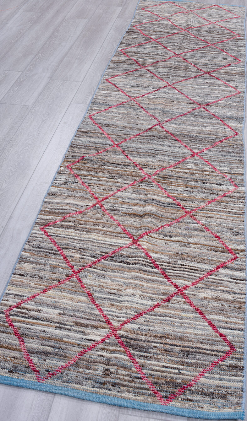 2' x 10' one-of-a-kind handmade vintage Tulu runner rug. Color palette: black, blue, brown, dark gray, dim gray, gainsboro