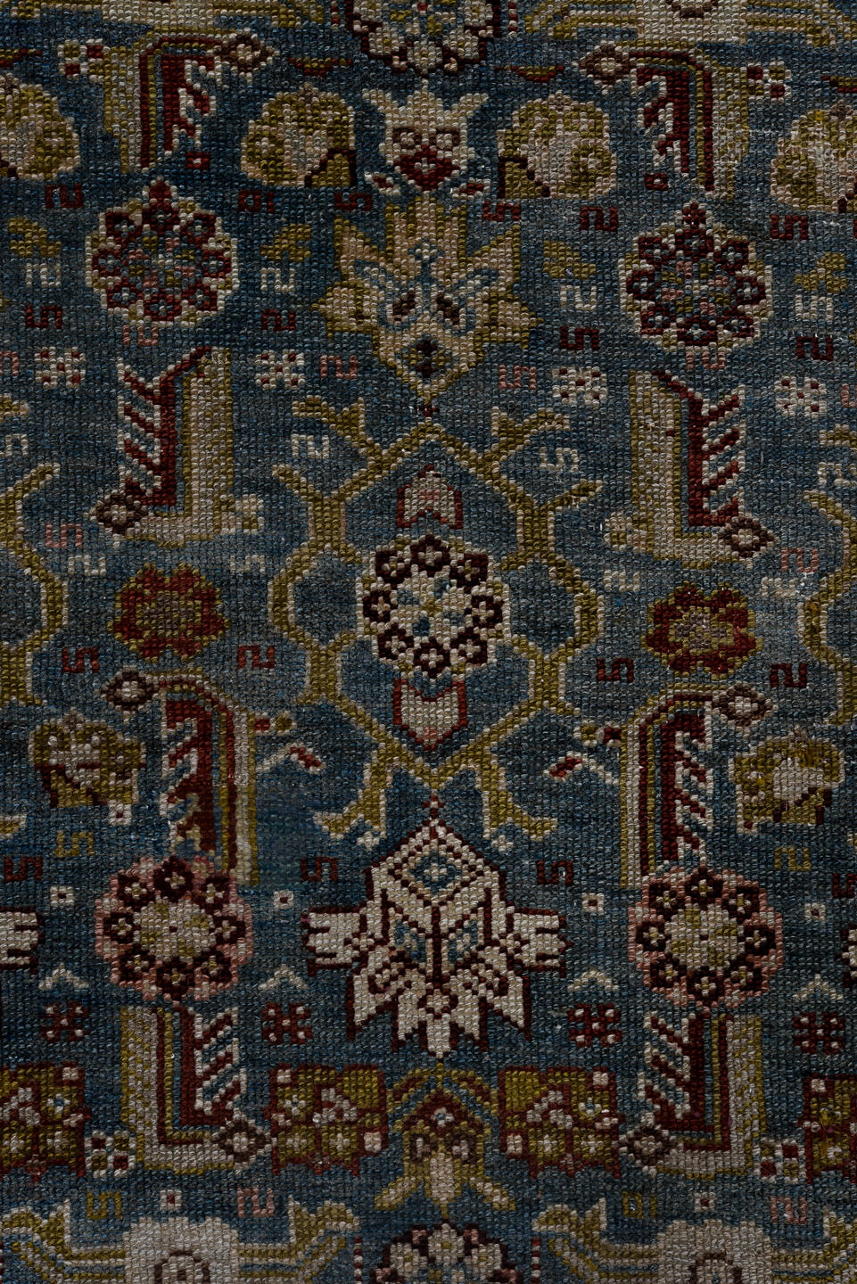 3' x 16' one-of-a-kind handmade vintage Malayer runner rug. Color palette: gray, blue, brown, light gray, black, dim gray