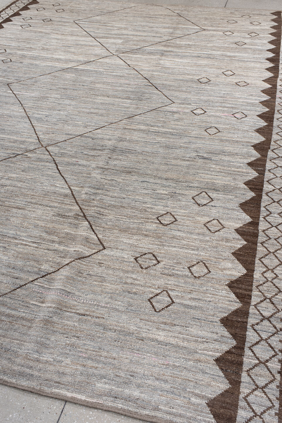 9' x 12' one-of-a-kind handmade vintage Tulu large size rug. Color palette: gray, off-white, light gray, brown, black