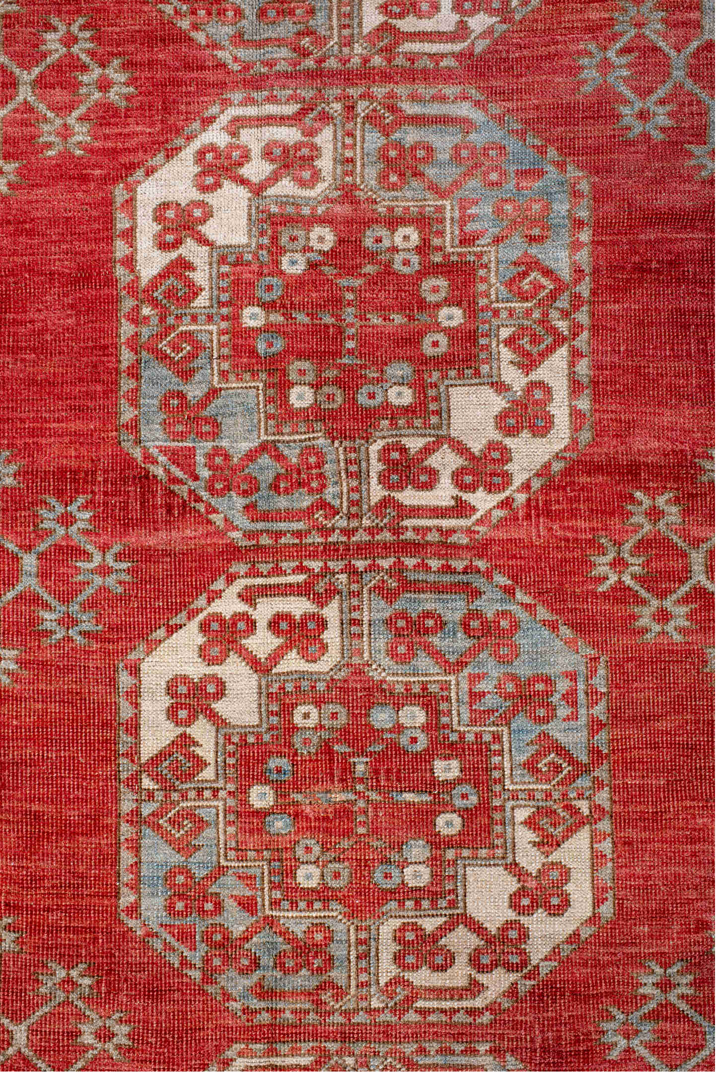 7' x 9' one-of-a-kind handmade vintage Afghan rug. Color palette: antiquewhite, brown, dark gray, dark red, gray, light gray