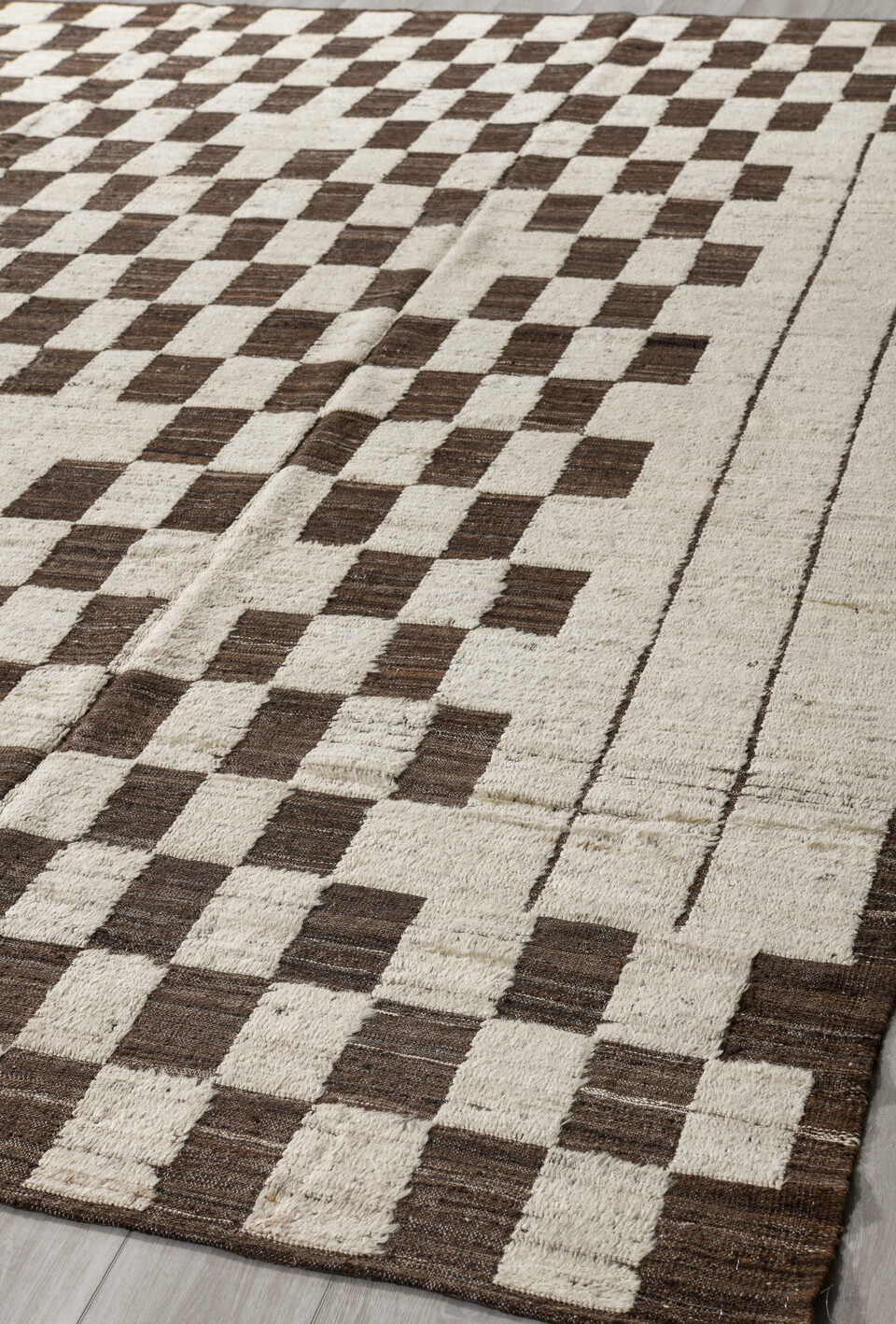 9' x 11' one-of-a-kind handmade vintage Tulu large size rug. Color palette: black, brown, gainsboro, gray, light gray