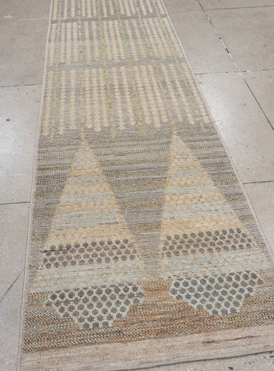 3' x 13' one-of-a-kind handmade vintage Tulu runner rug. Color palette: brown, dim gray, gray, light gray, off-white